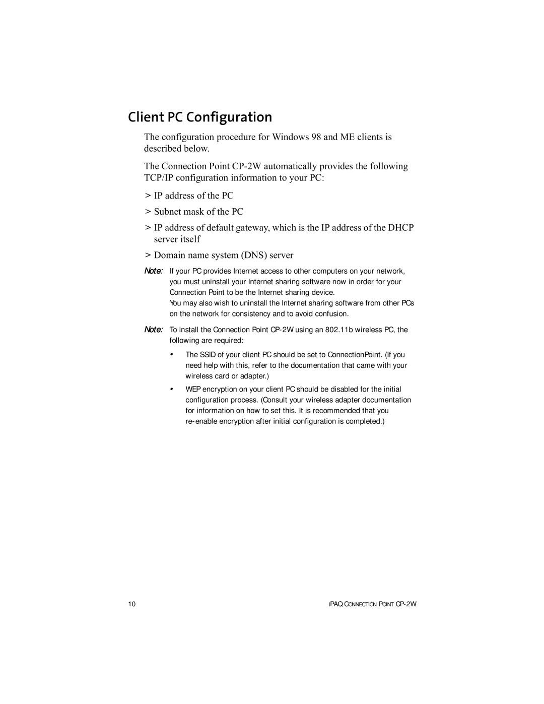 HP Connection Point 2W manual Client PC Configuration, $B$,$ 