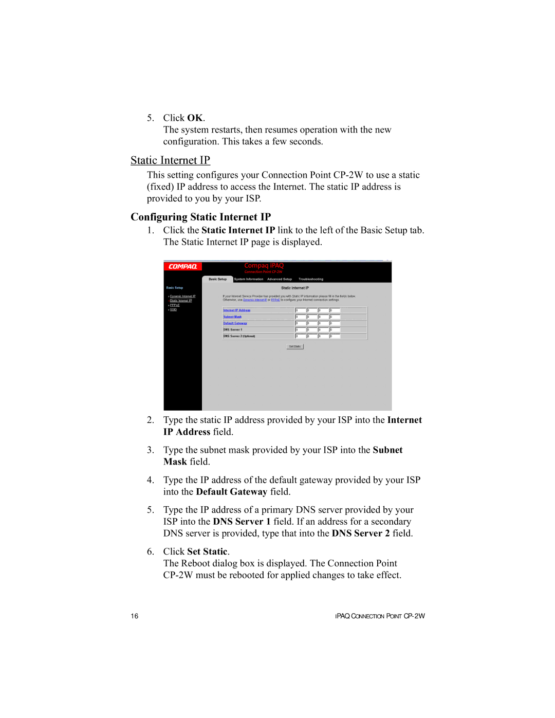 HP Connection Point 2W manual Configuring Static Internet IP 