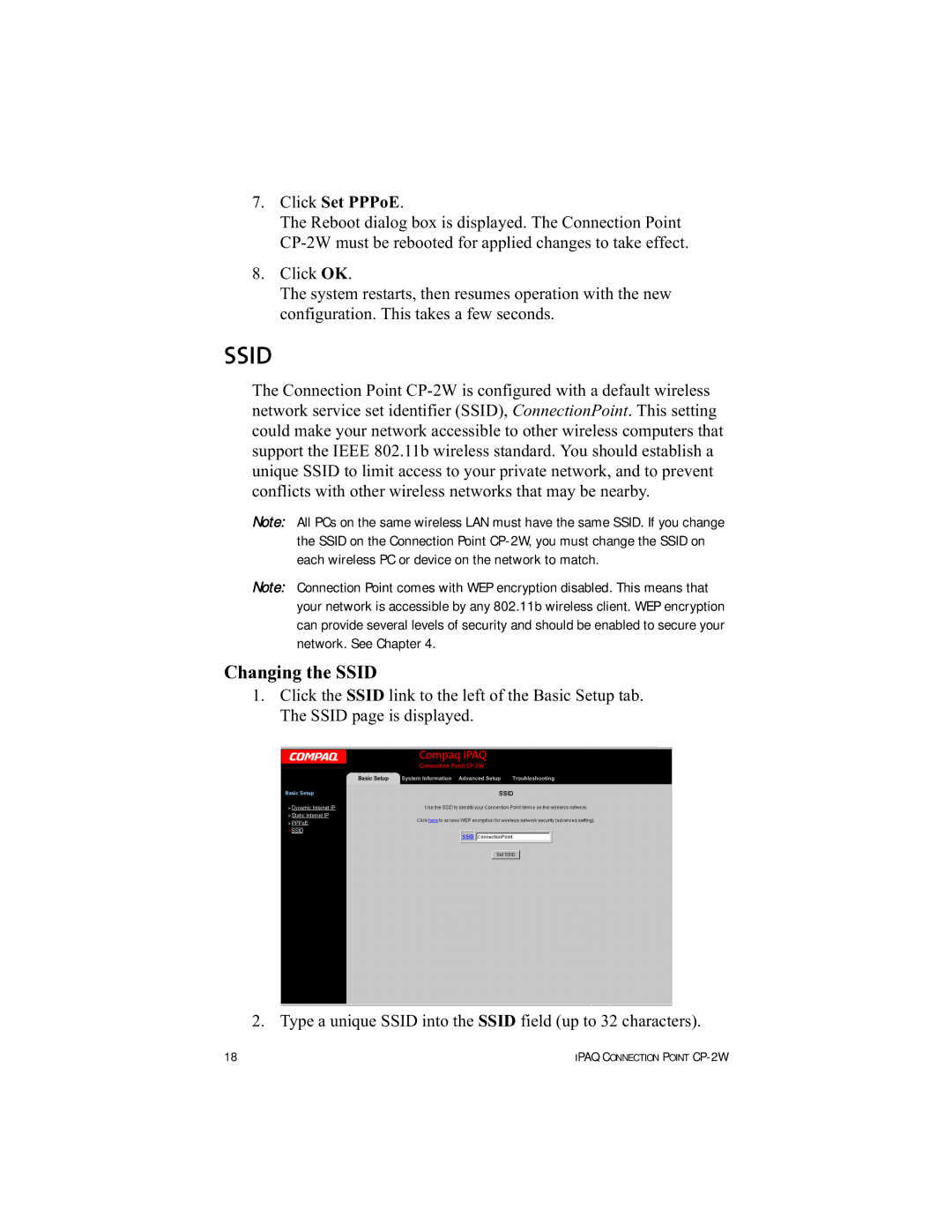 HP Connection Point 2W manual Ssid 