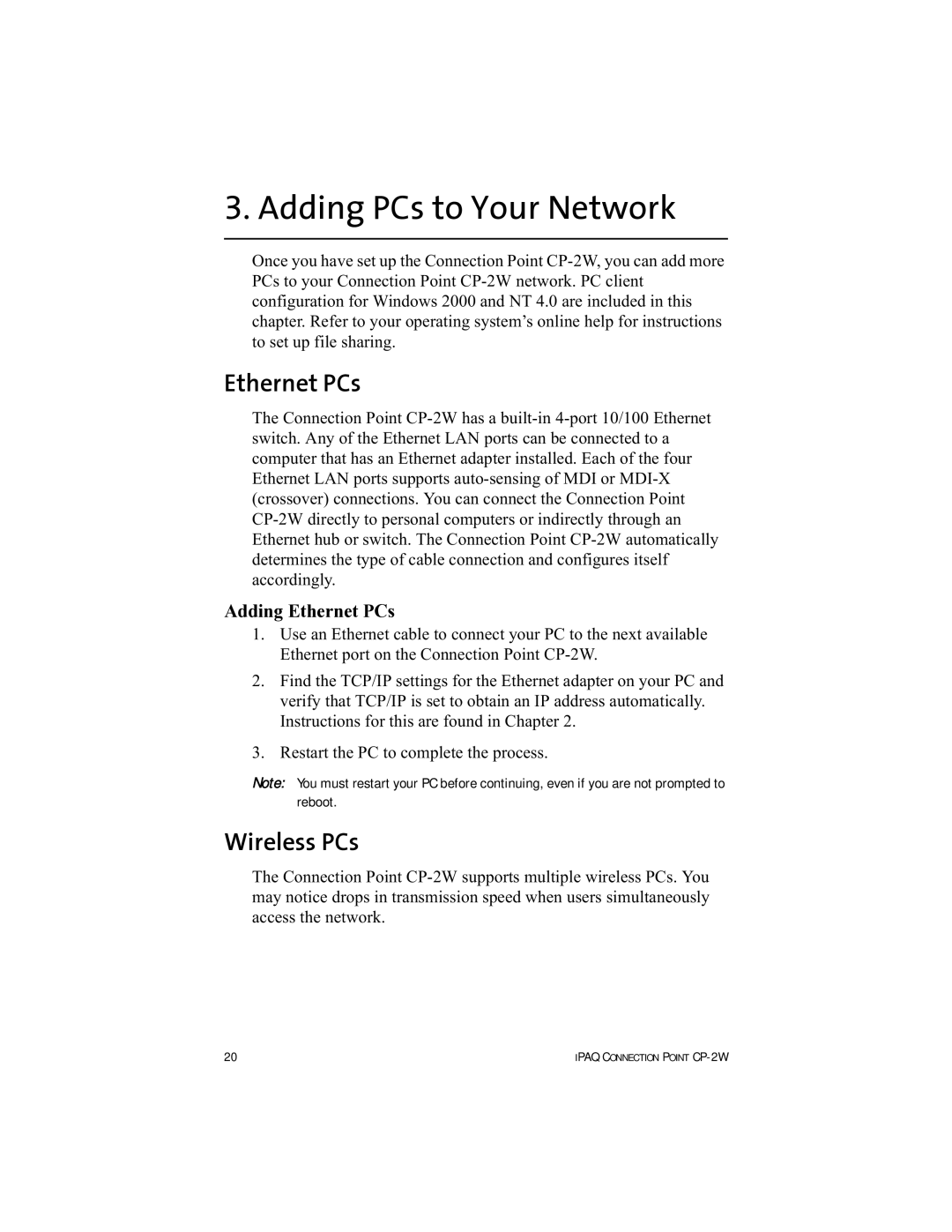 HP Connection Point 2W manual Adding PCs to Your Network, Ethernet PCs, Wireless PCs 