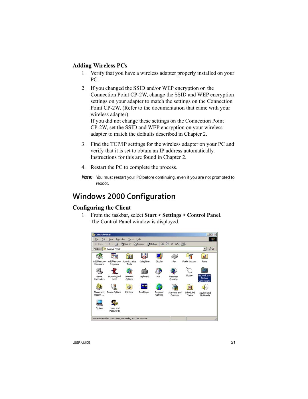 HP Connection Point 2W manual Windows 2000 Configuration 