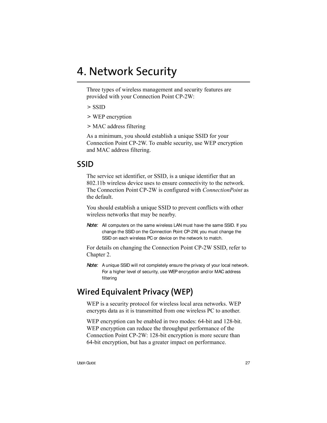 HP Connection Point 2W manual Network Security, Wired Equivalent Privacy WEP 