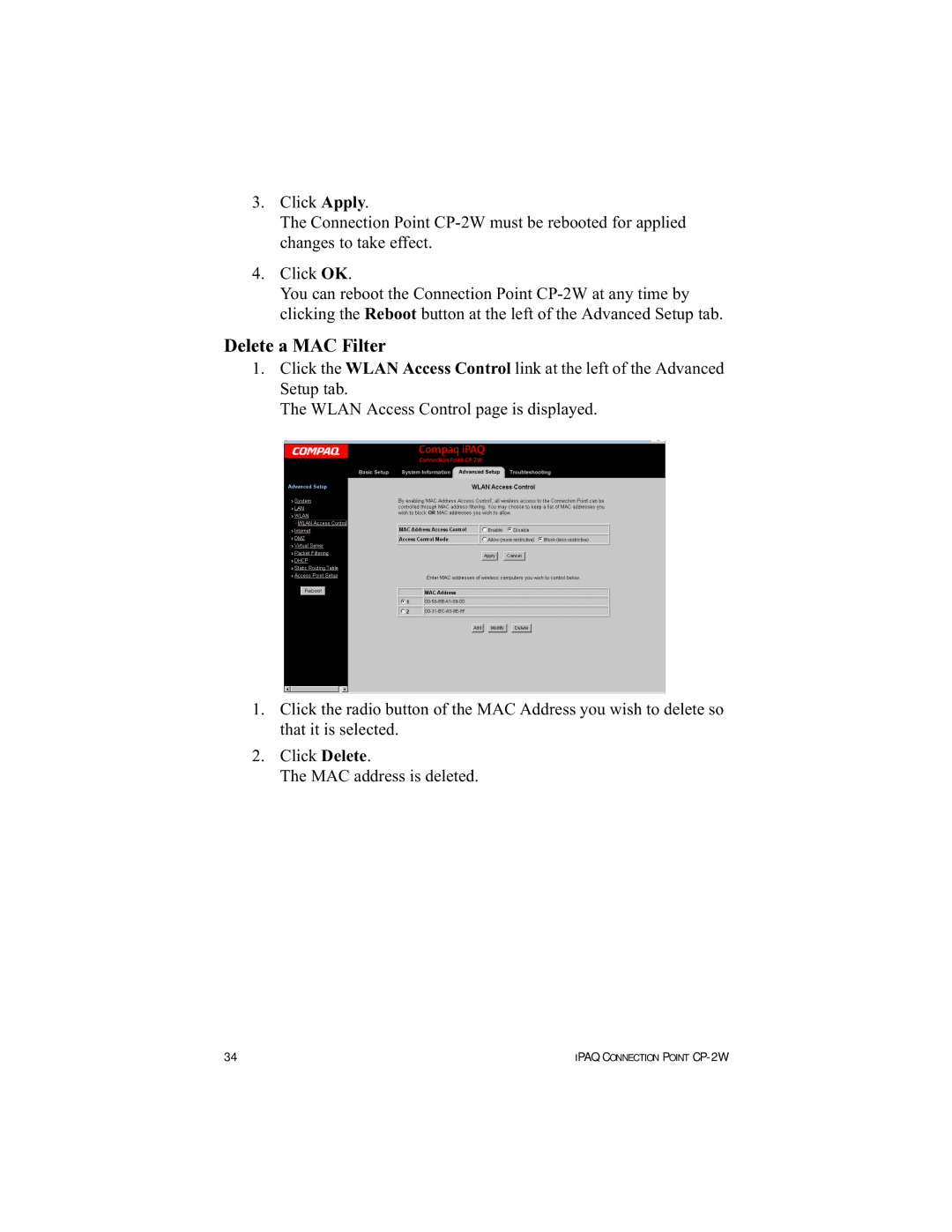 HP Connection Point 2W manual Delete a MAC Filter 
