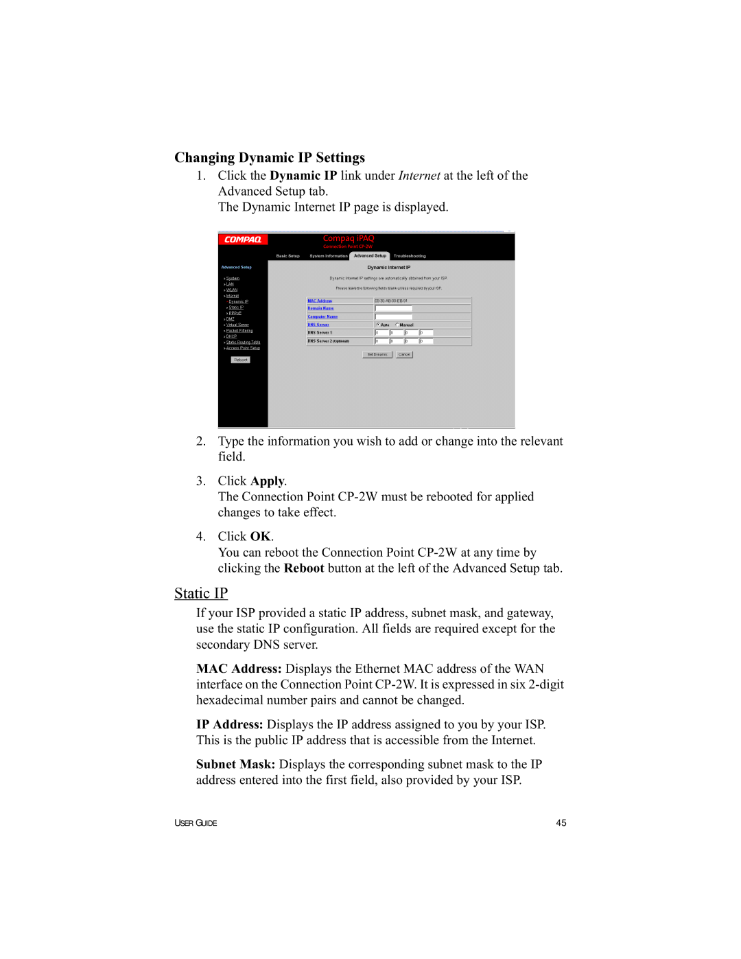 HP Connection Point 2W manual Static IP 