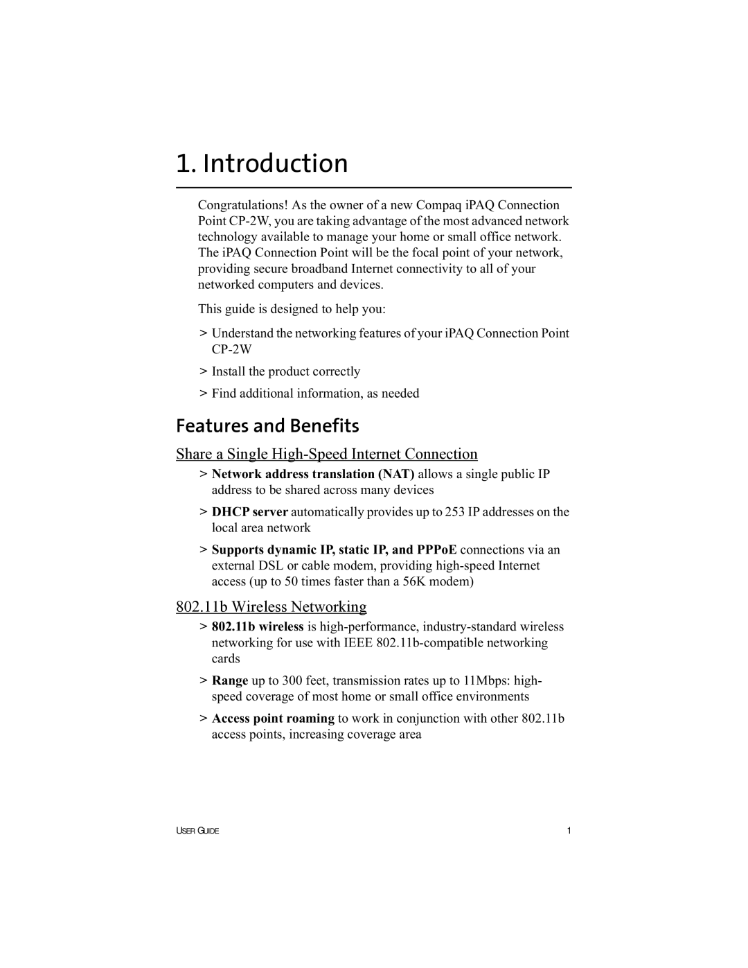 HP Connection Point 2W manual Introduction, Features and Benefits, Share a Single High-Speed Internet Connection 