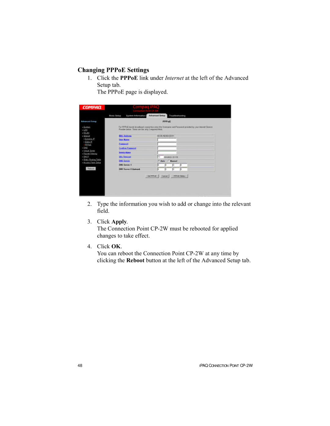 HP Connection Point 2W manual Changing PPPoE Settings 