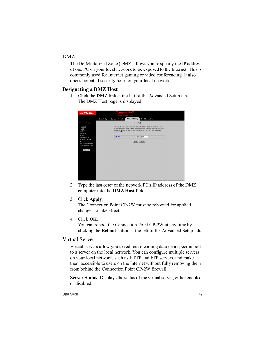 HP Connection Point 2W manual Dmz, Virtual Server 