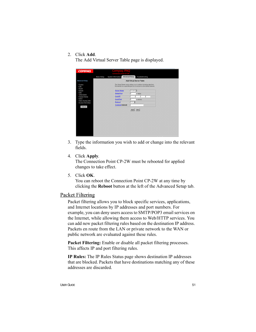 HP Connection Point 2W manual Packet Filtering 