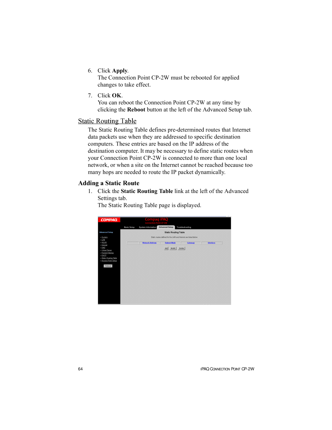 HP Connection Point 2W manual Static Routing Table 