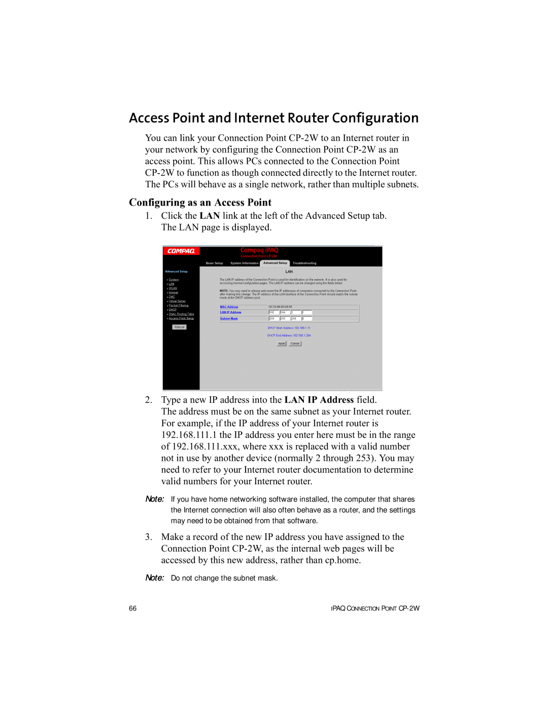 HP Connection Point 2W manual Access Point and Internet Router Configuration, Configuring as an Access Point 