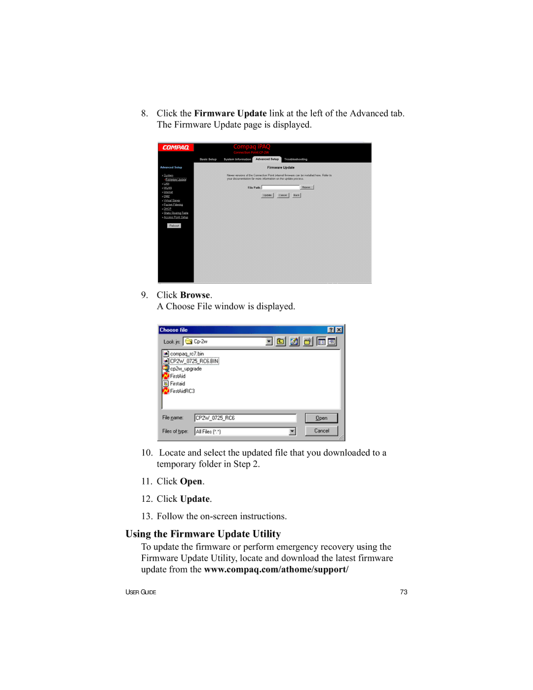 HP Connection Point 2W manual Using the Firmware Update Utility 