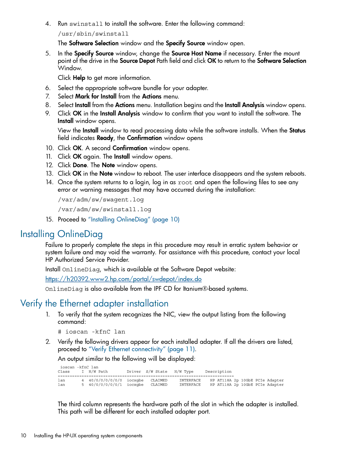 HP Converged Network Adapters (CNA) manual Installing OnlineDiag, Verify the Ethernet adapter installation 