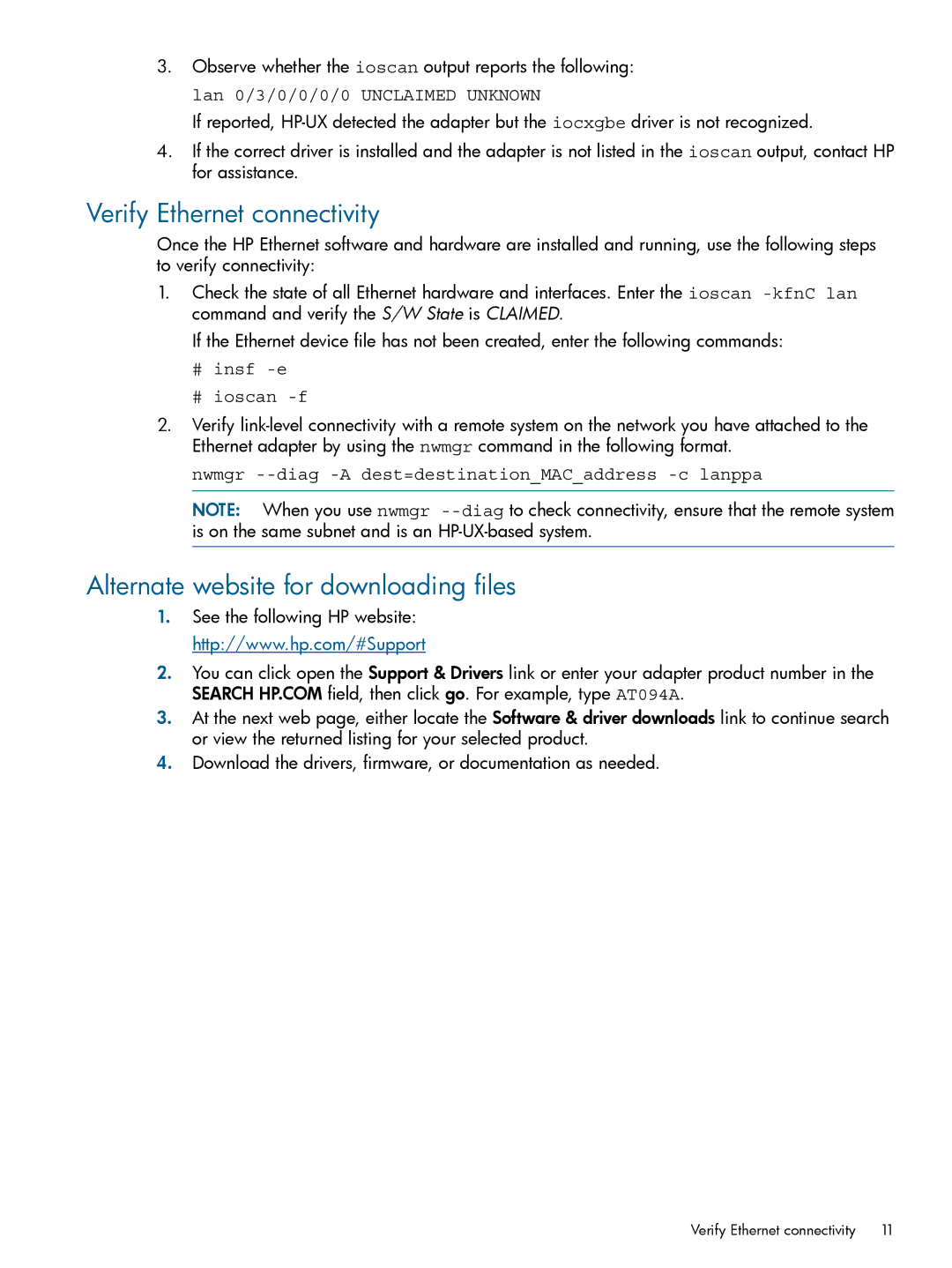 HP Converged Network Adapters (CNA) manual Verify Ethernet connectivity, Alternate website for downloading files 