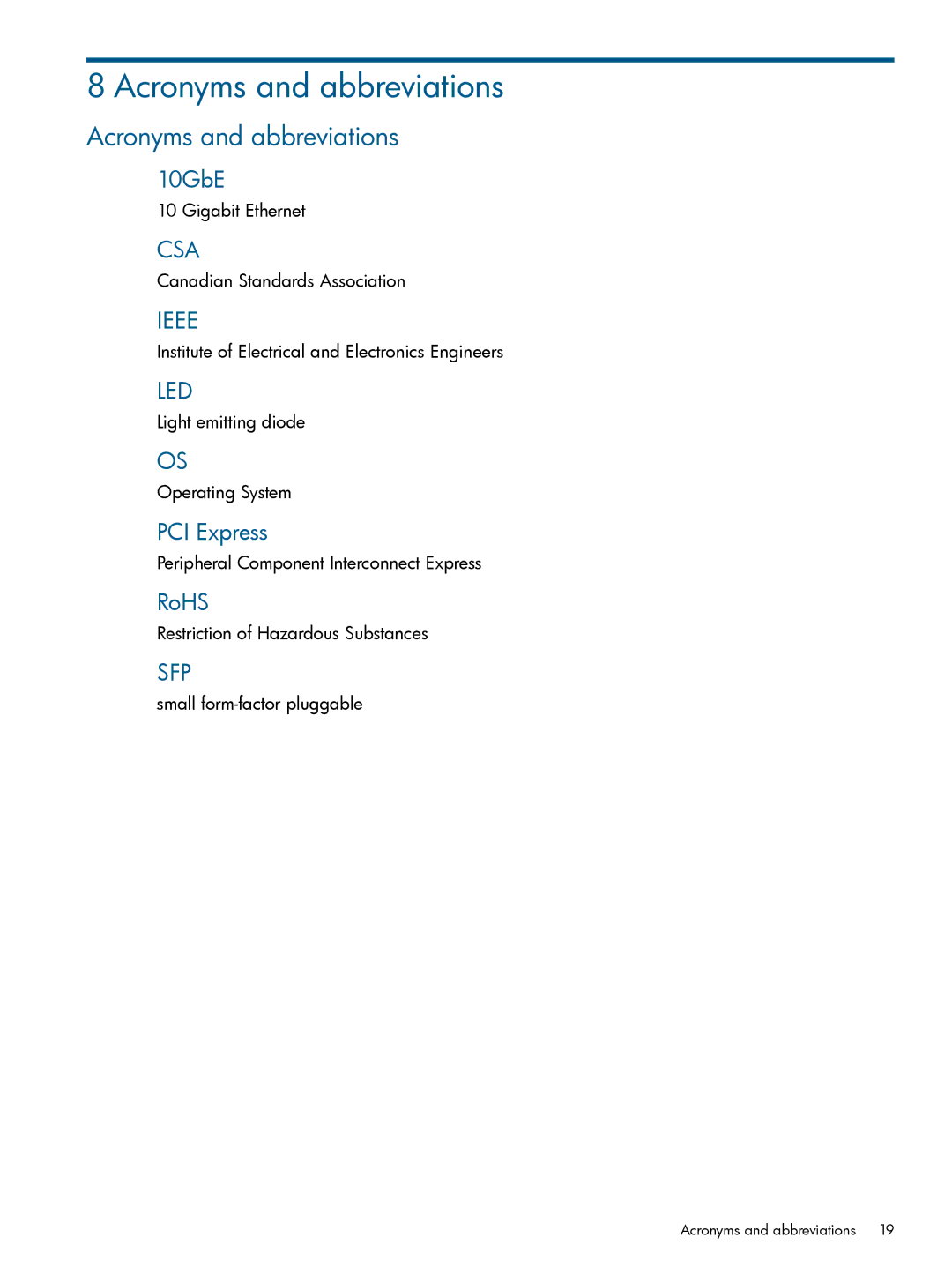 HP Converged Network Adapters (CNA) manual Acronyms and abbreviations, 10GbE, PCI Express, RoHS 