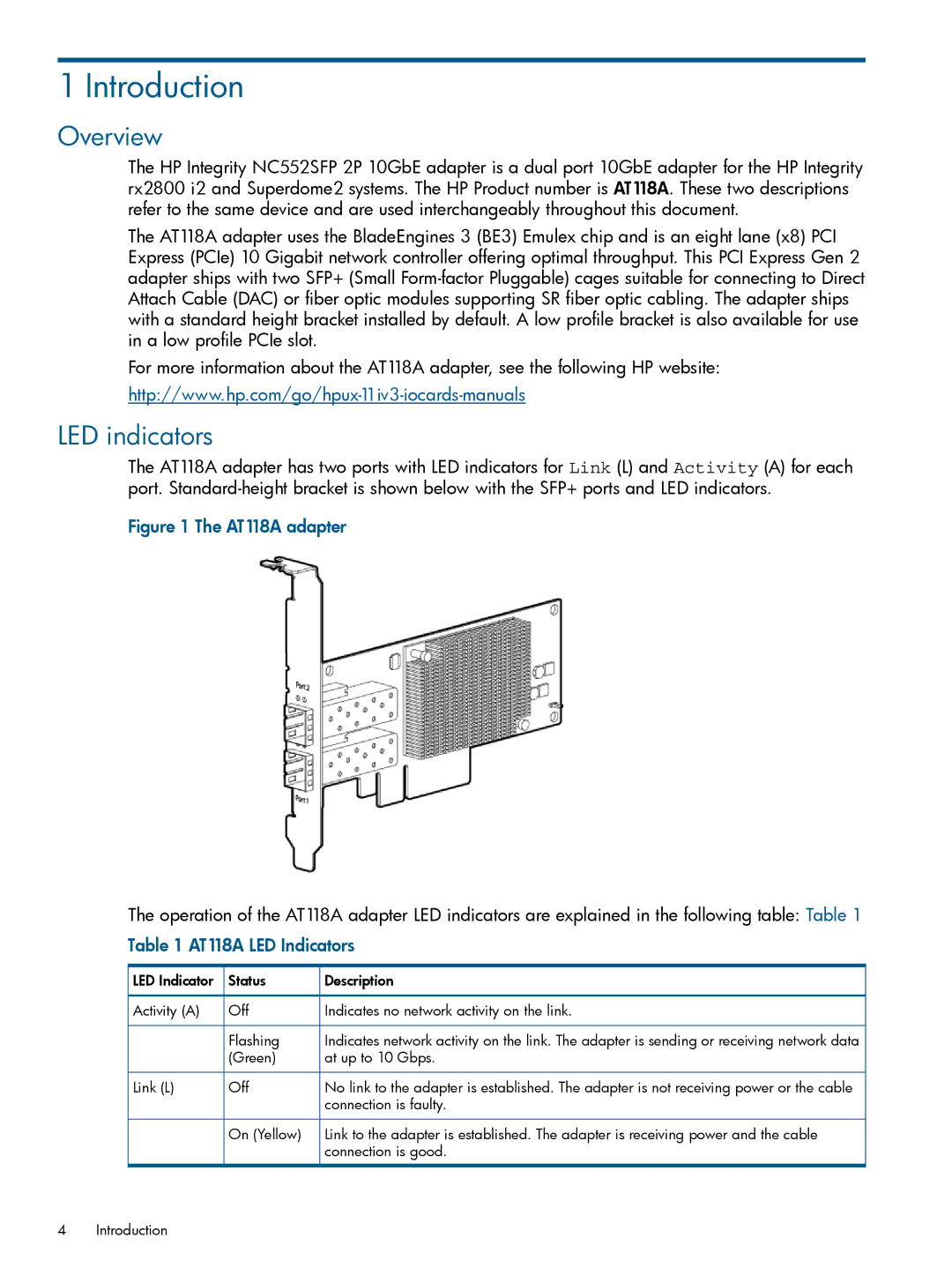 HP Converged Network Adapters (CNA) manual Introduction, Overview, LED indicators, AT118A LED Indicators 