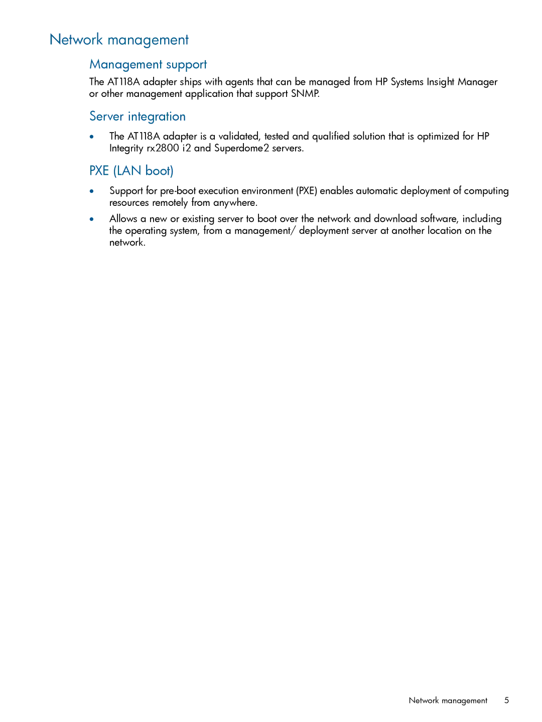 HP Converged Network Adapters (CNA) manual Network management, Management support, Server integration, PXE LAN boot 