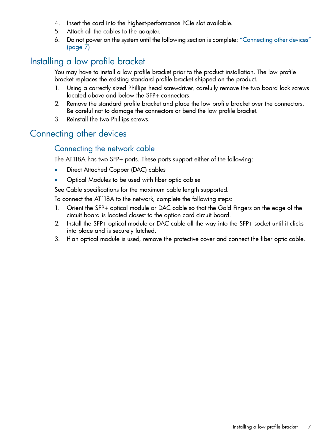 HP Converged Network Adapters (CNA) manual Installing a low profile bracket, Connecting other devices 