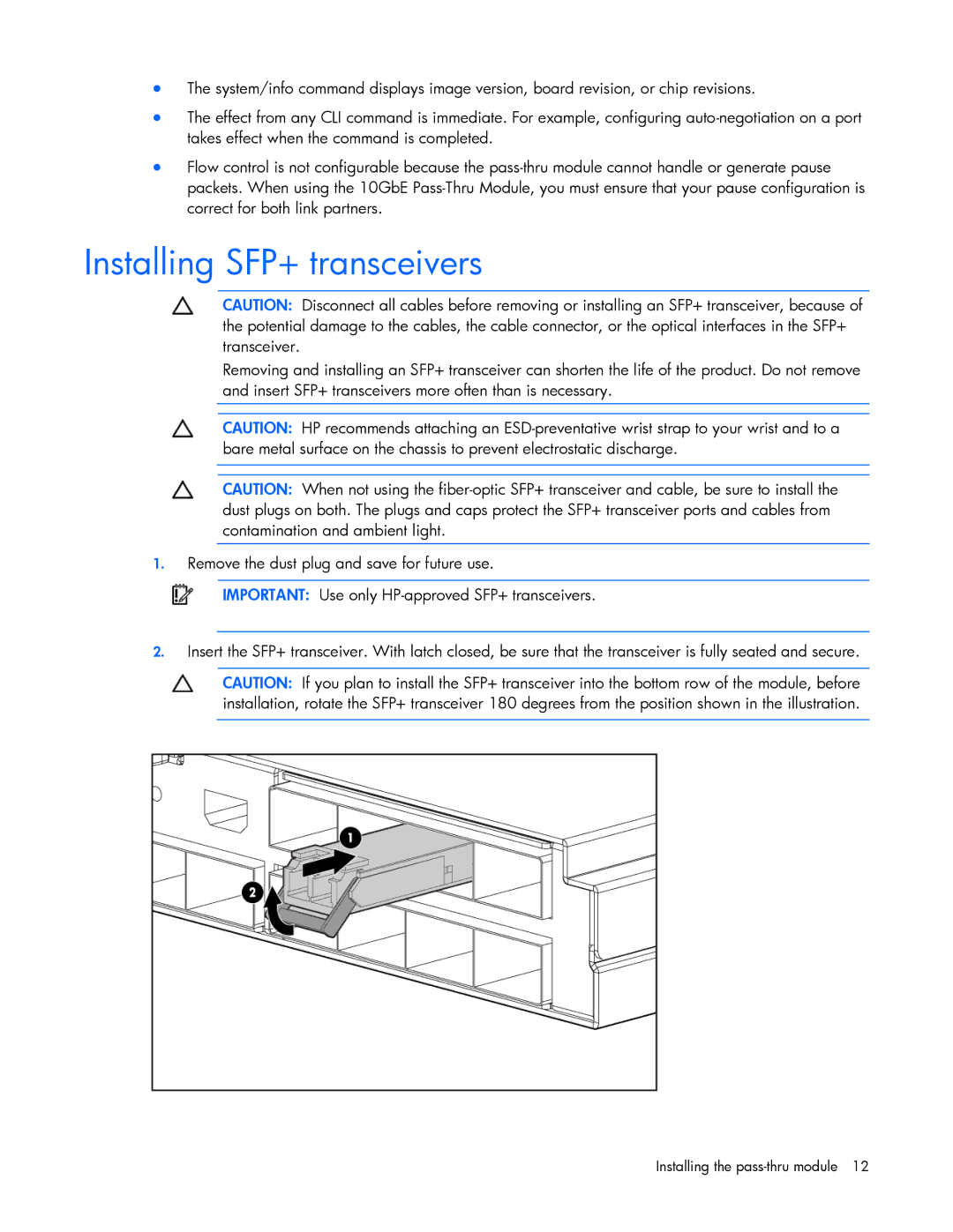 HP Cooktop 10GBE manual Installing SFP+ transceivers 