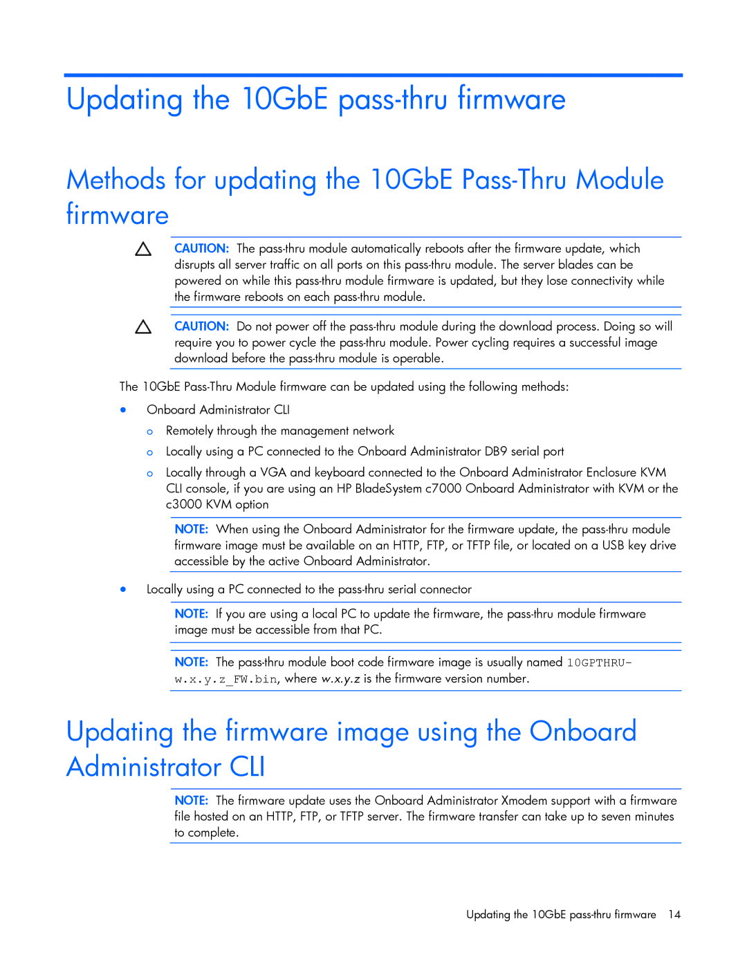 HP Cooktop 10GBE manual Updating the 10GbE pass-thru firmware, Methods for updating the 10GbE Pass-Thru Module firmware 