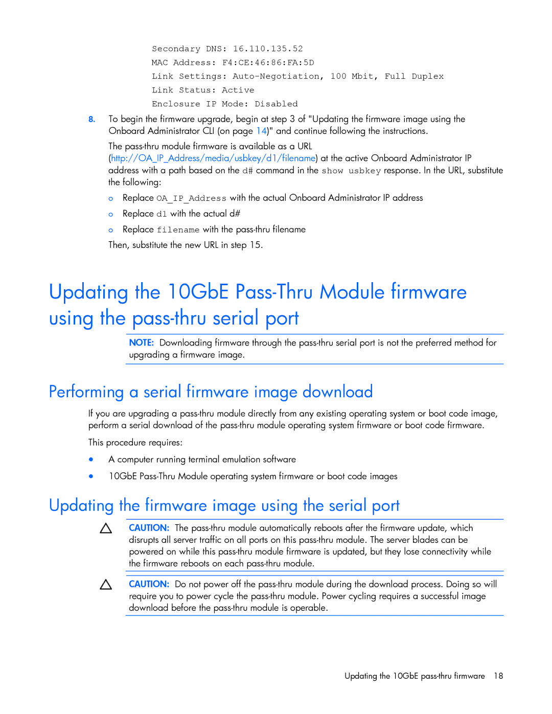 HP Cooktop 10GBE manual Performing a serial firmware image download, Updating the firmware image using the serial port 