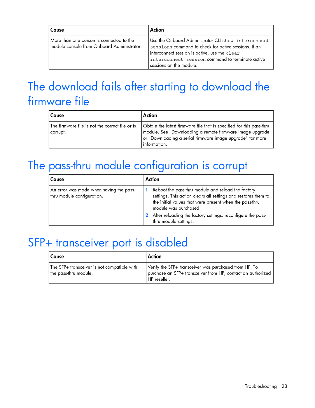 HP Cooktop 10GBE Download fails after starting to download the firmware file, Pass-thru module configuration is corrupt 