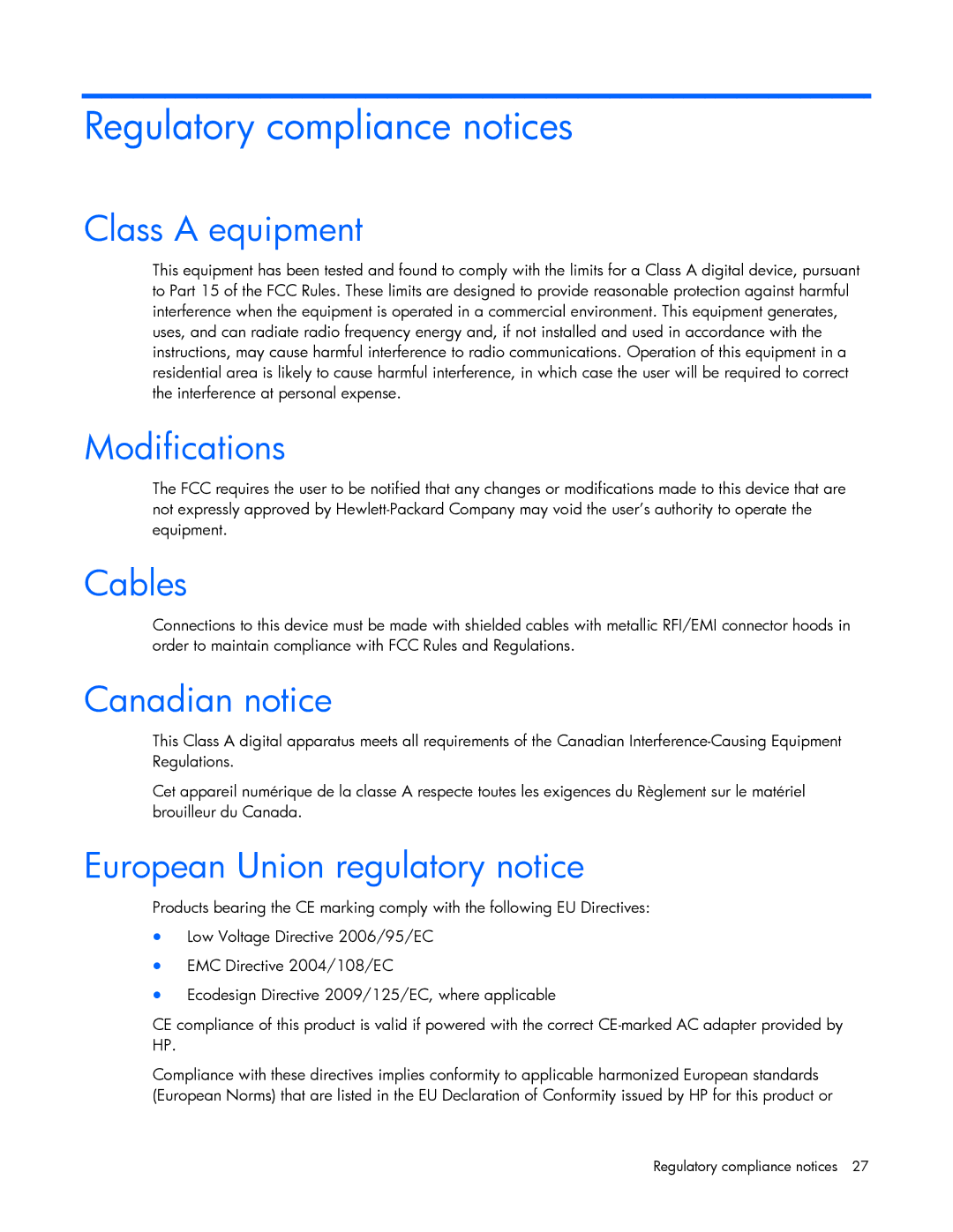 HP Cooktop 10GBE manual Regulatory compliance notices 