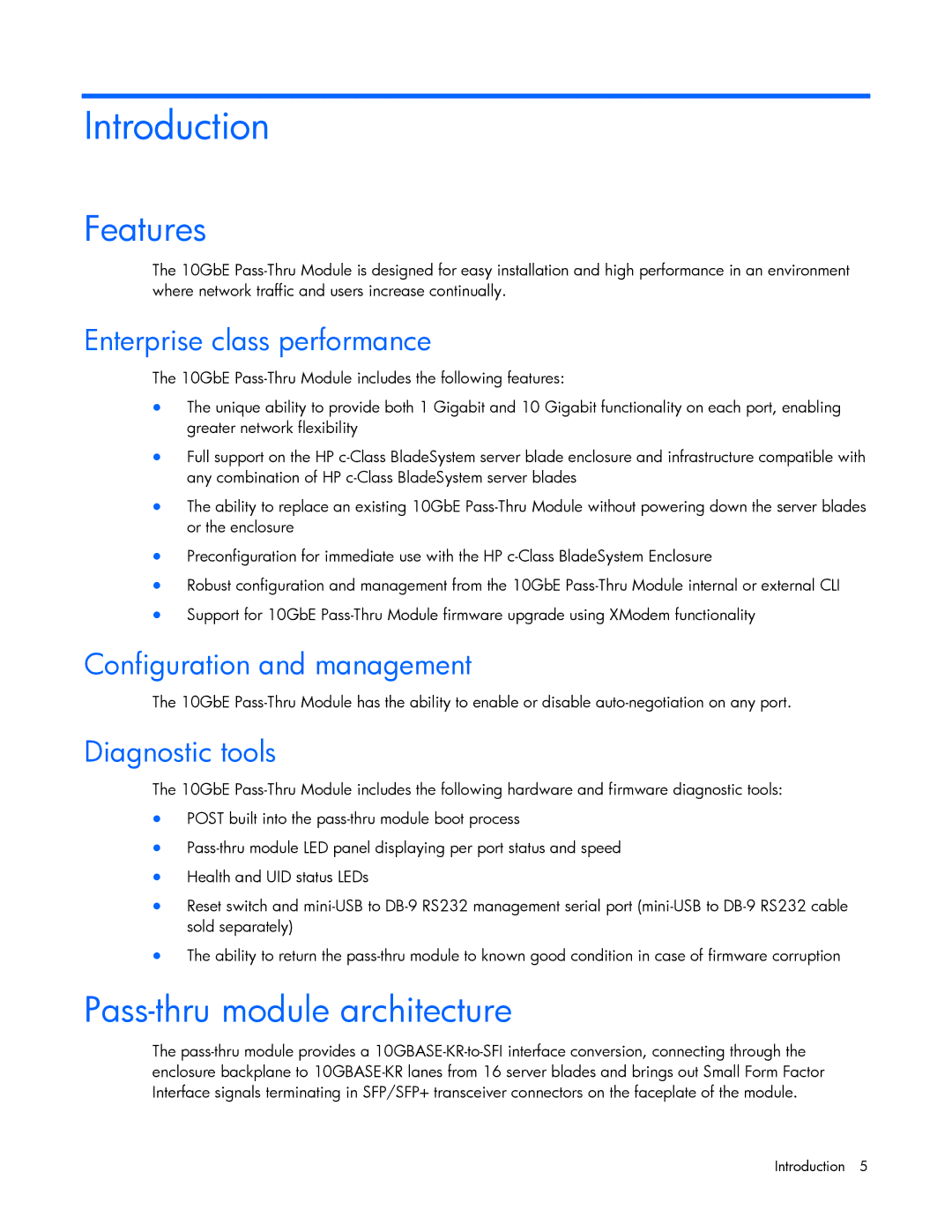 HP Cooktop 10GBE manual Introduction, Features, Pass-thru module architecture 