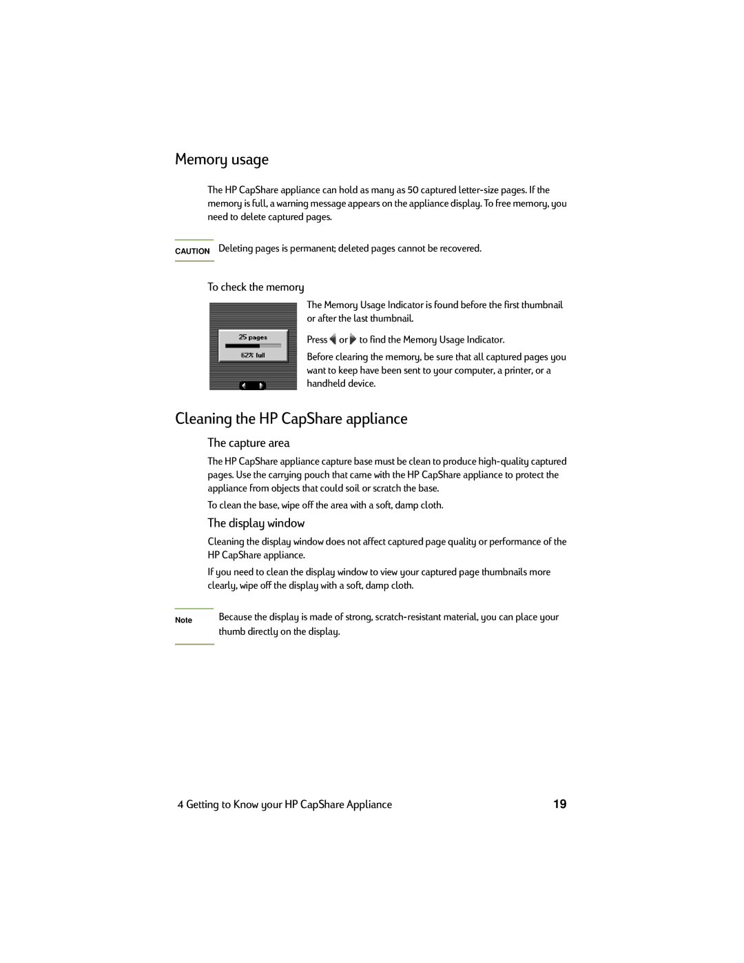 HP Copier C6300 manual Memory usage, Cleaning the HP CapShare appliance, Capture area, Display window, To check the memory 