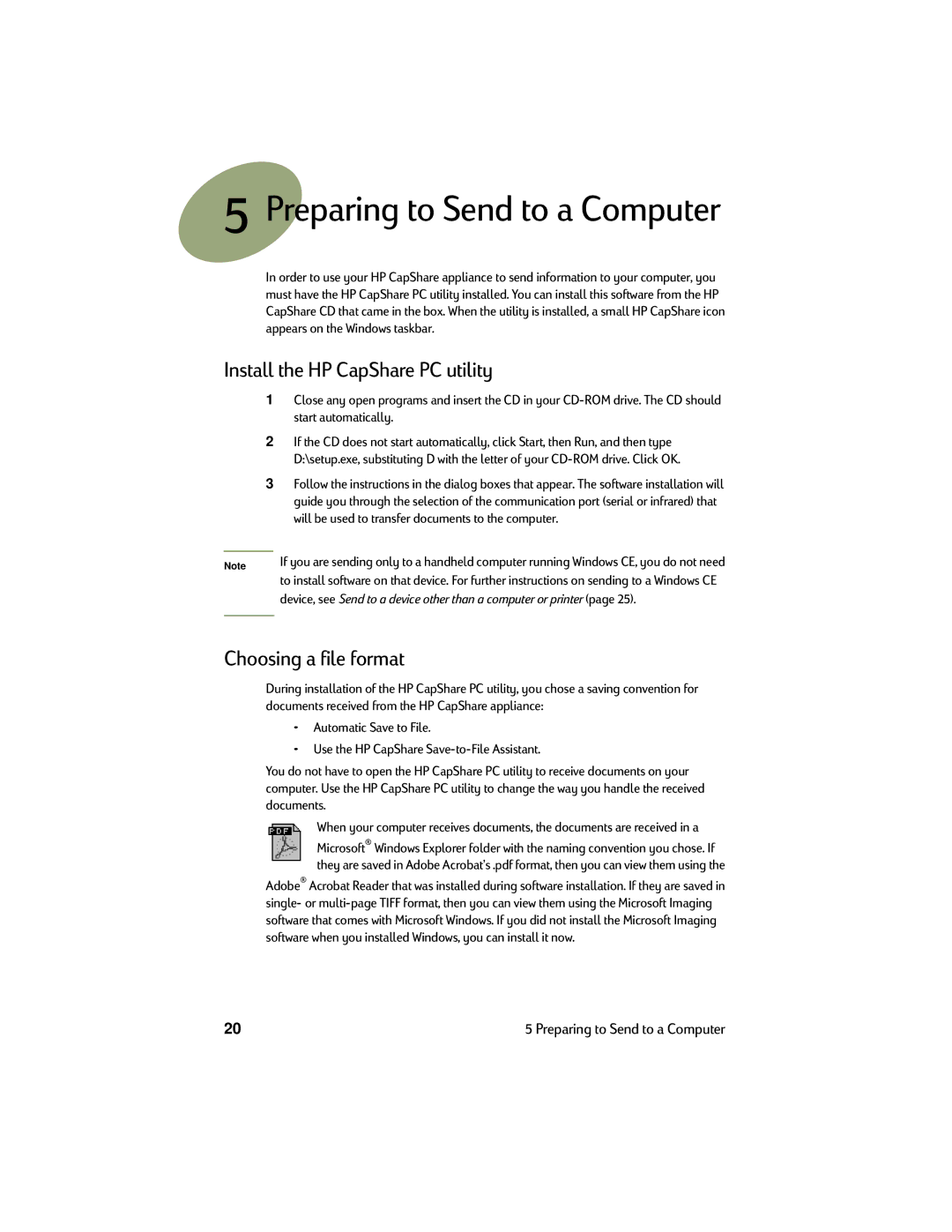 HP Copier CapShare 920, Copier C6300 manual Install the HP CapShare PC utility, Choosing a file format 