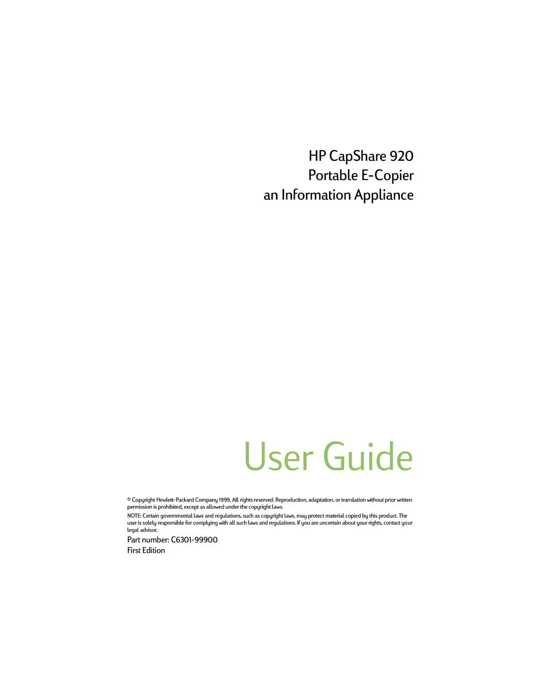 HP Copier C6300, Copier CapShare 920 manual User Guide, Part number C6301-99900 First Edition 