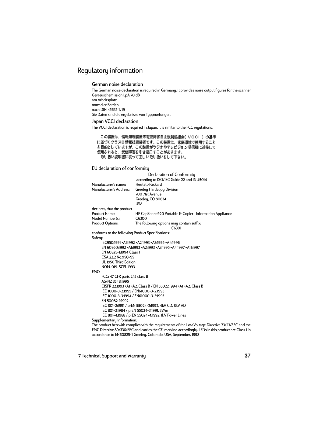 HP Copier C6300 Regulatory information, German noise declaration, Japan Vcci declaration, EU declaration of conformity 