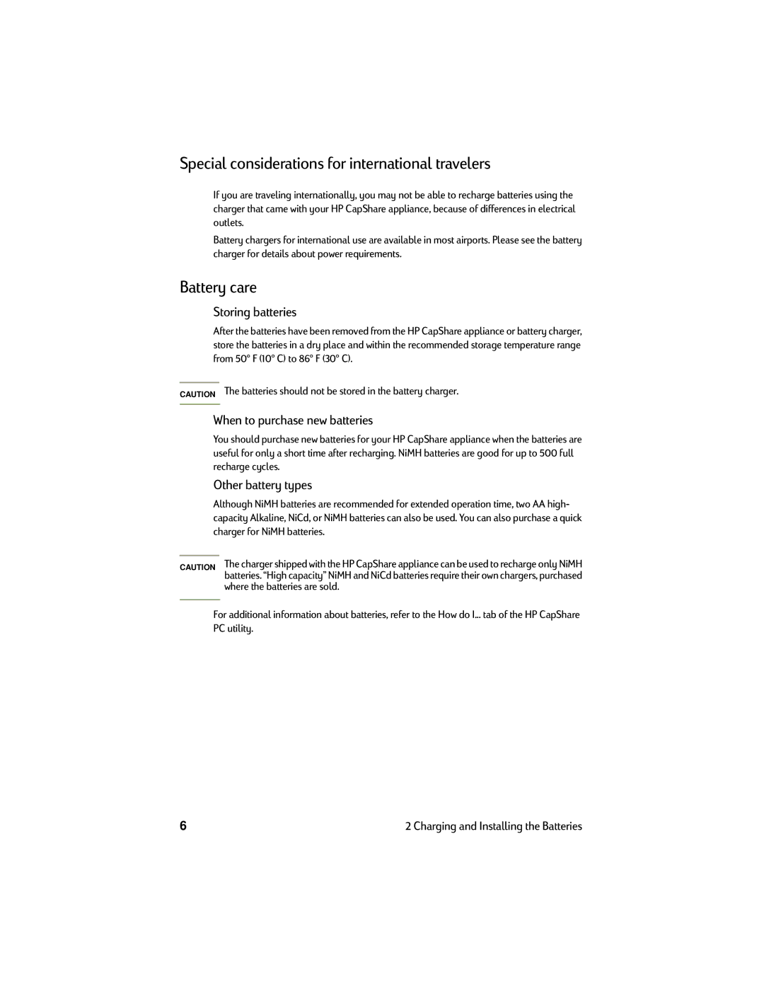 HP Copier CapShare 920, Copier C6300 Special considerations for international travelers, Battery care, Storing batteries 