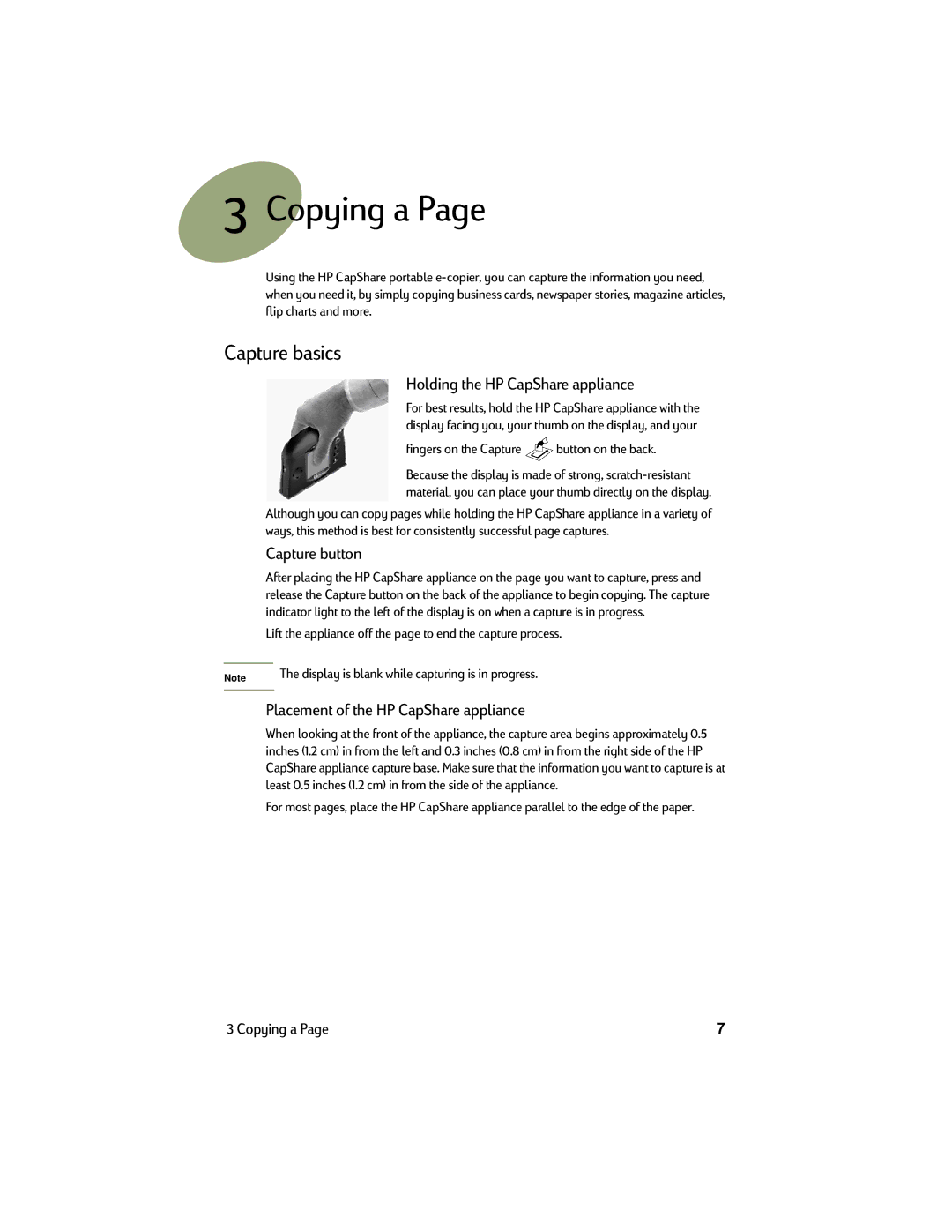 HP Copier C6300 Capture basics, Holding the HP CapShare appliance, Capture button, Placement of the HP CapShare appliance 