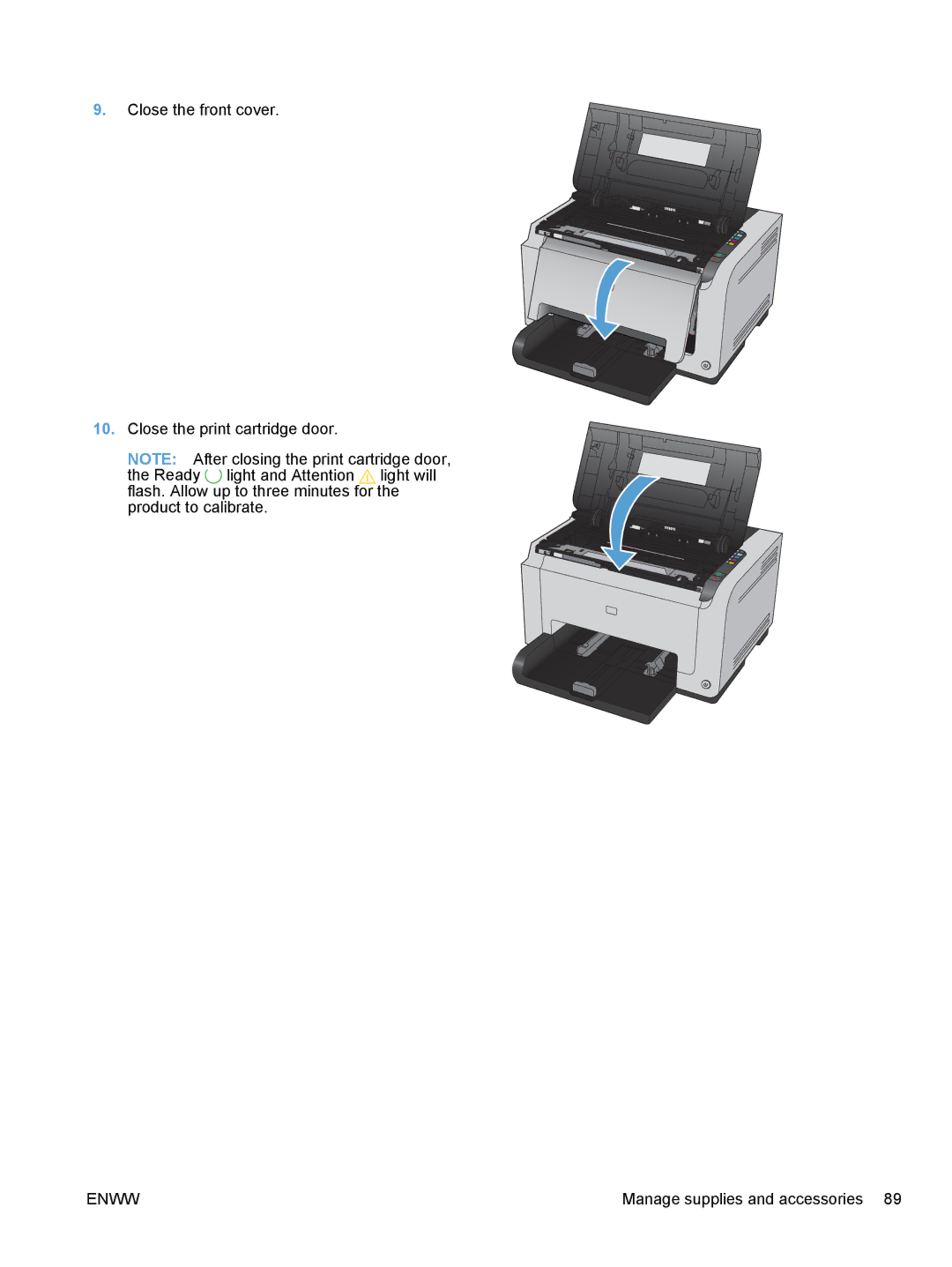 HP CP1020 manual Close the front cover Close the print cartridge door 