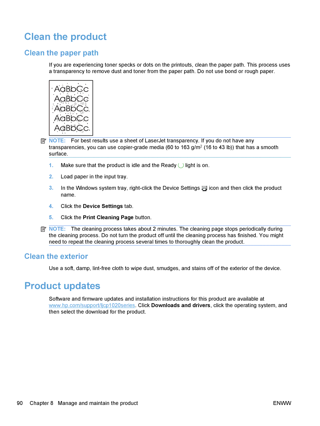 HP CP1020 manual Clean the product, Product updates, Clean the paper path, Clean the exterior 