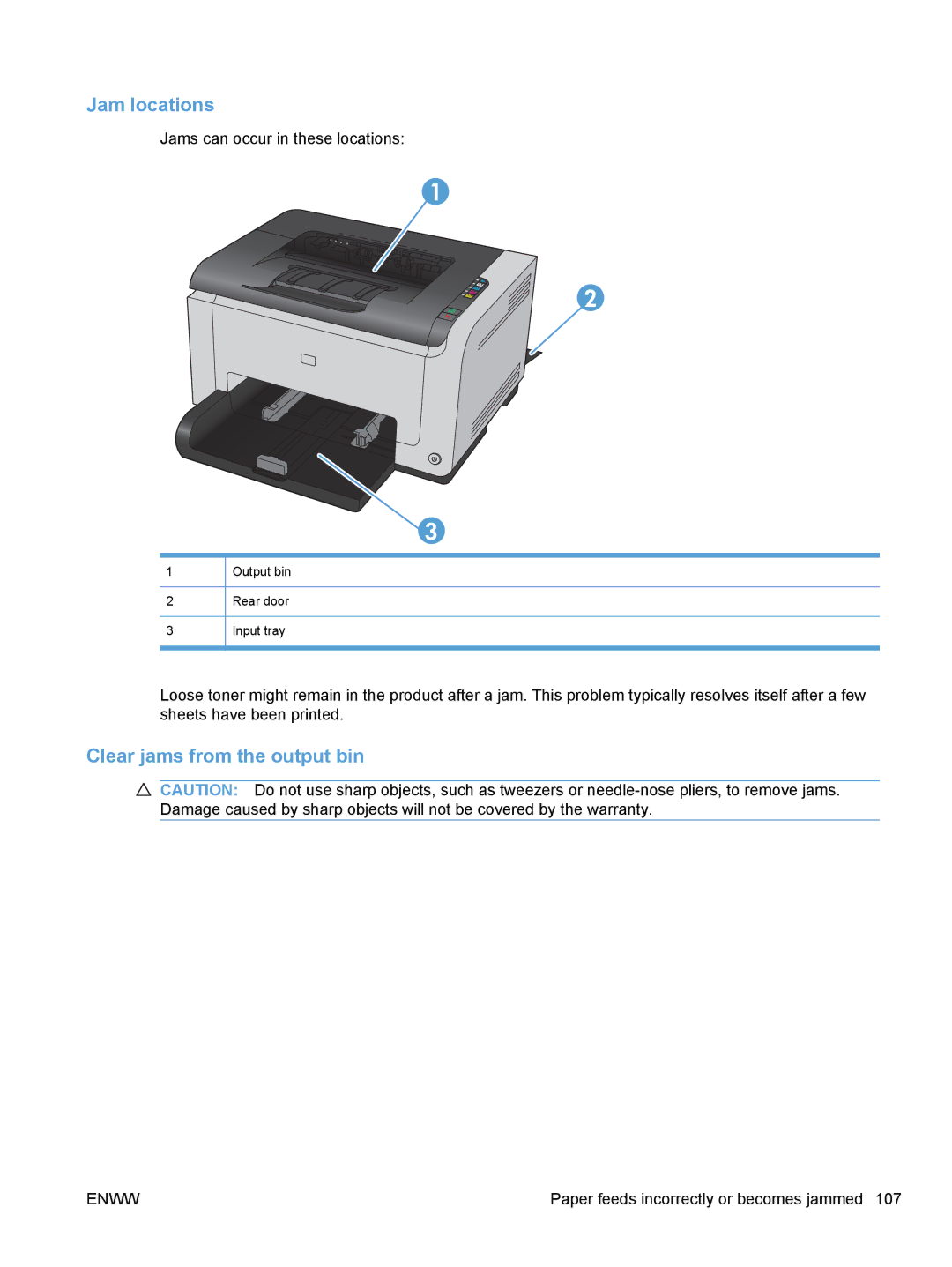 HP CP1020 manual Jam locations, Clear jams from the output bin 