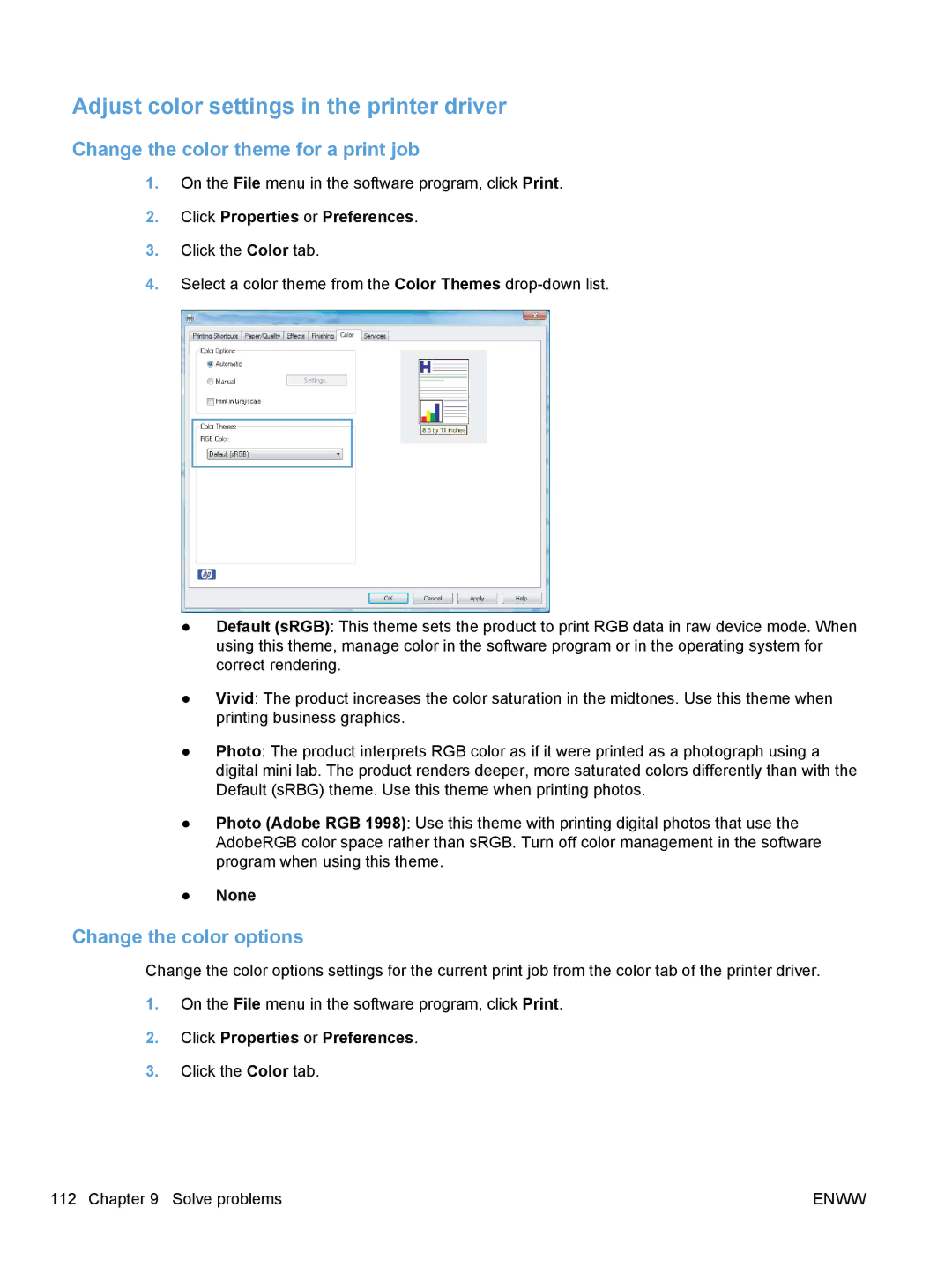 HP CP1020 Adjust color settings in the printer driver, Change the color theme for a print job, Change the color options 