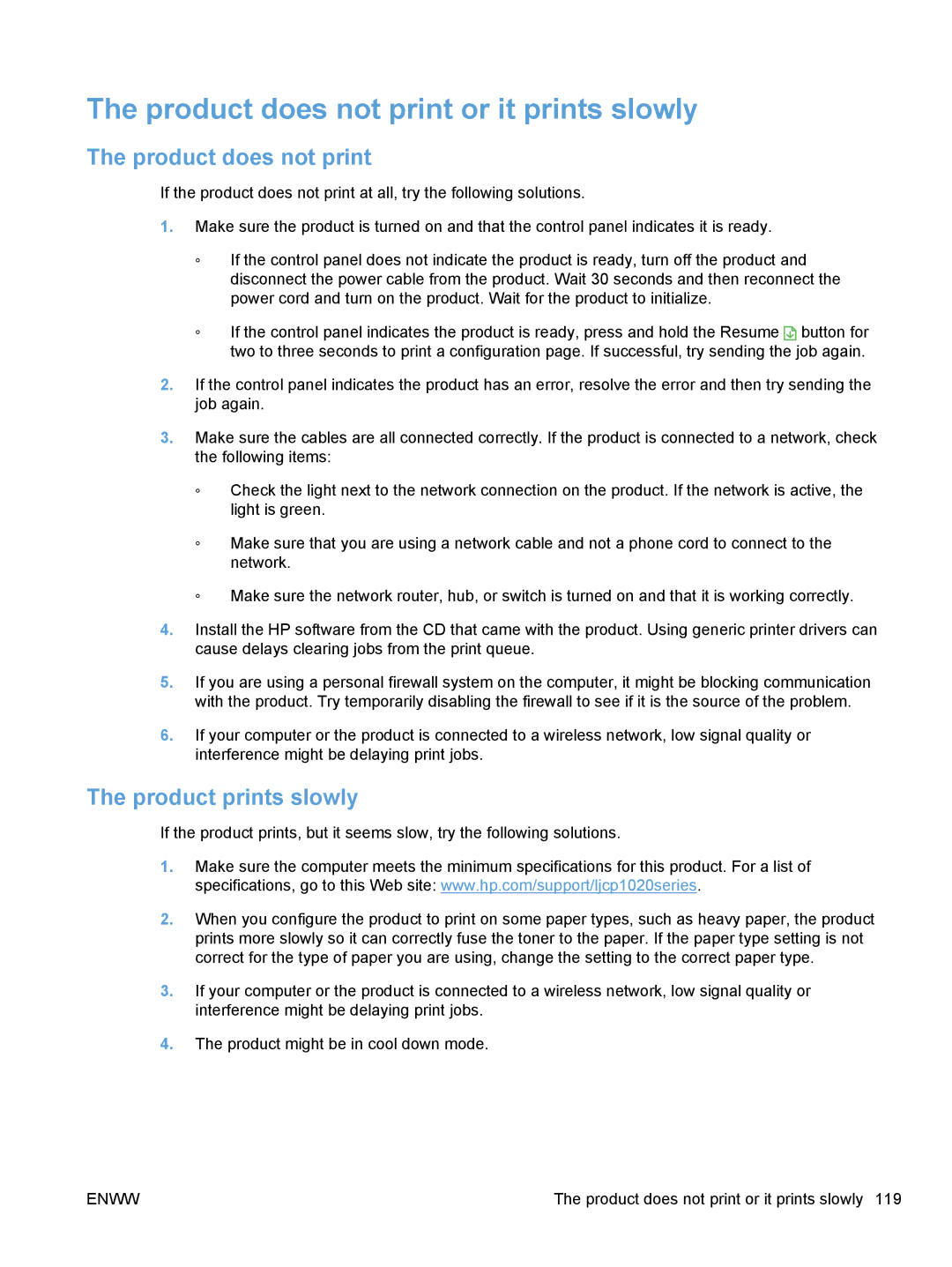 HP CP1020 manual Product does not print or it prints slowly, Product prints slowly 