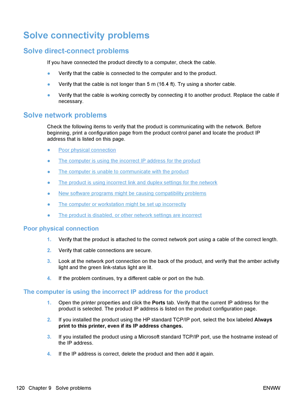 HP CP1020 Solve connectivity problems, Solve direct-connect problems, Solve network problems, Poor physical connection 