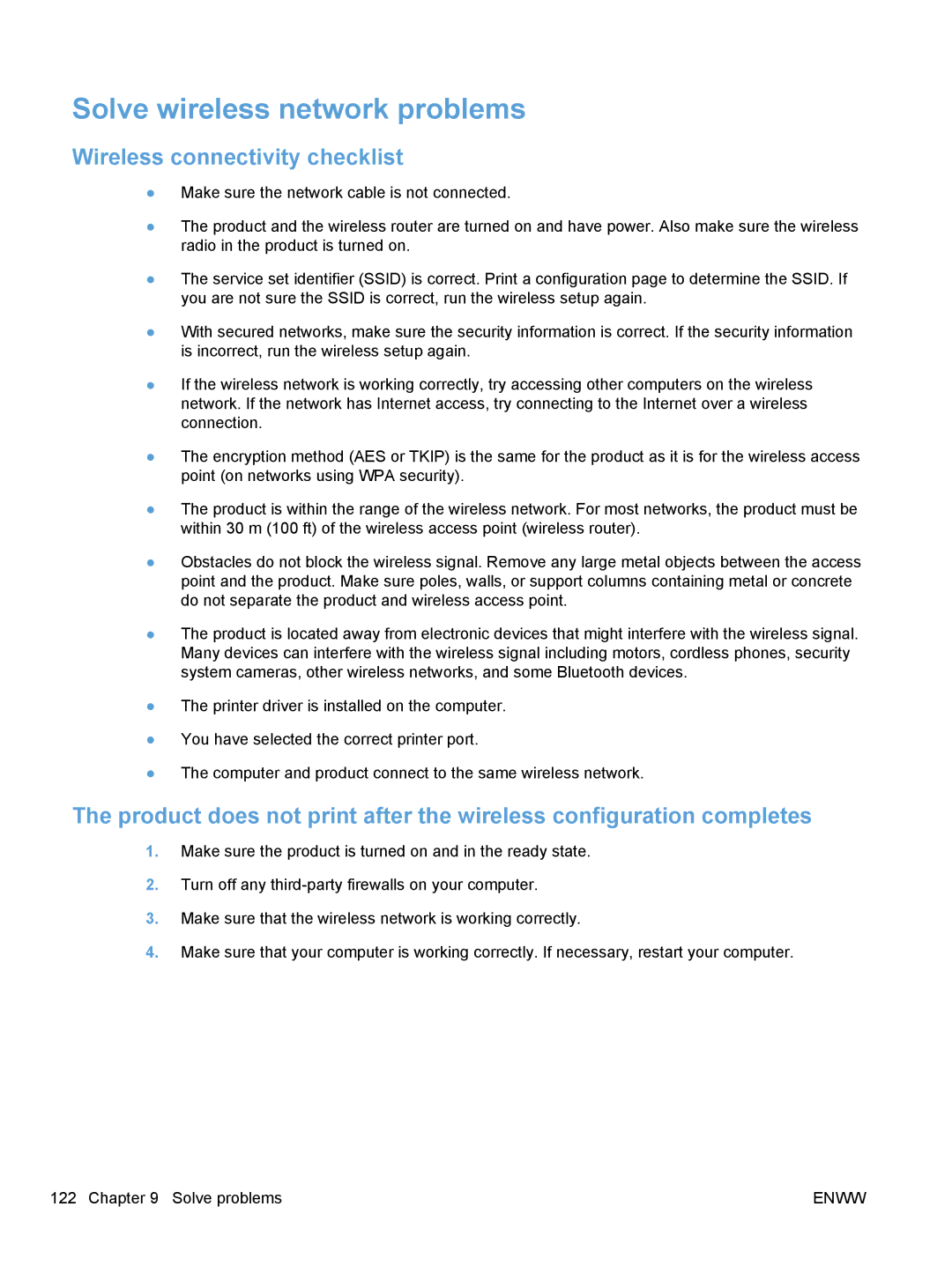 HP CP1020 manual Solve wireless network problems, Wireless connectivity checklist 