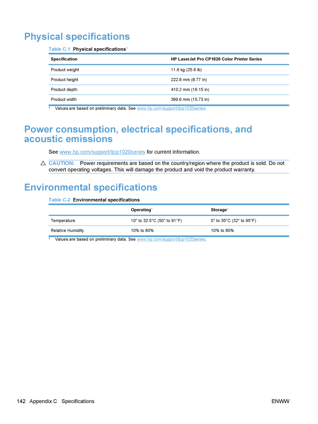 HP manual Physical specifications, Specification HP LaserJet Pro CP1020 Color Printer Series, Operating Storage 