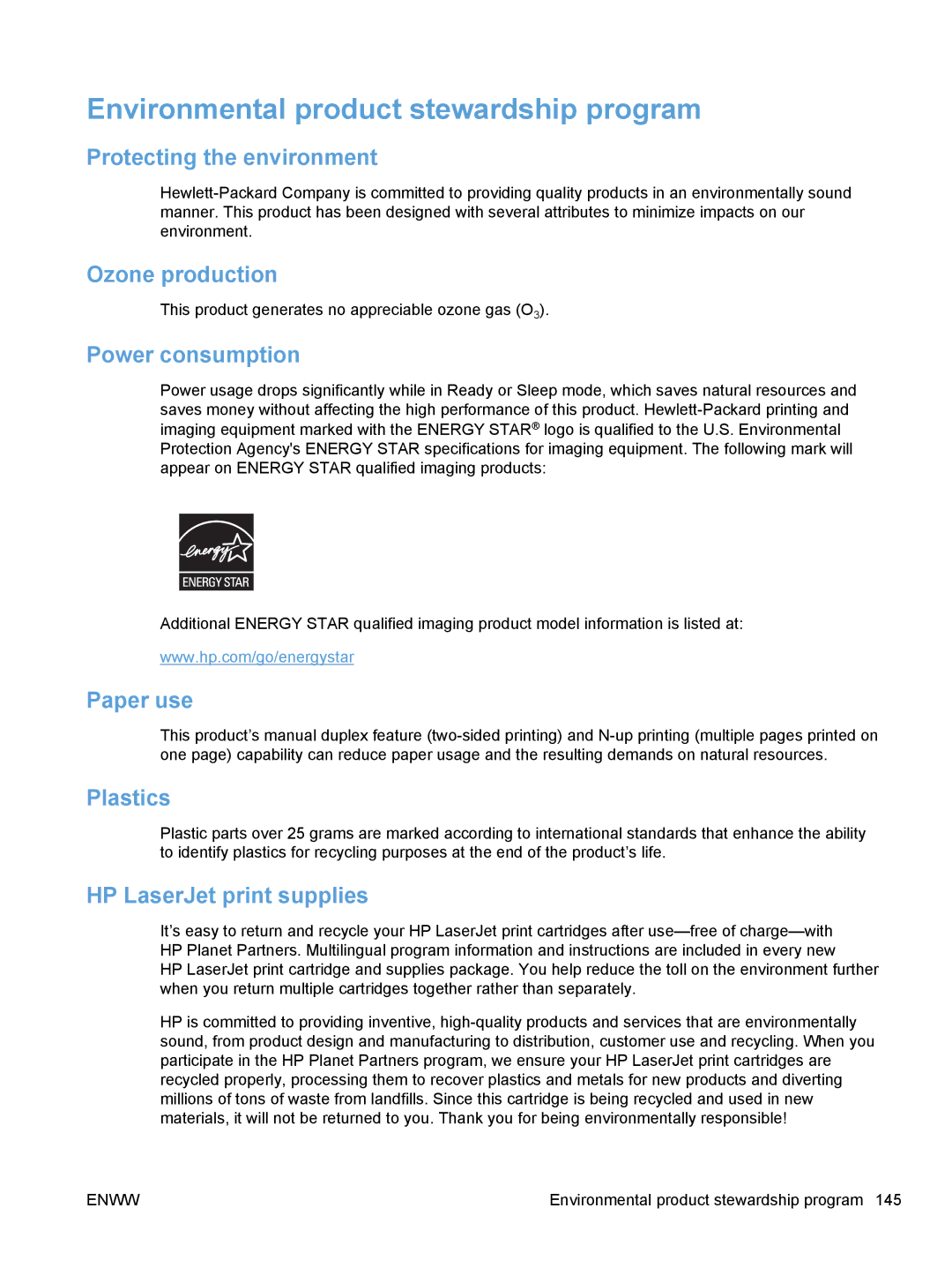 HP CP1020 manual Environmental product stewardship program 