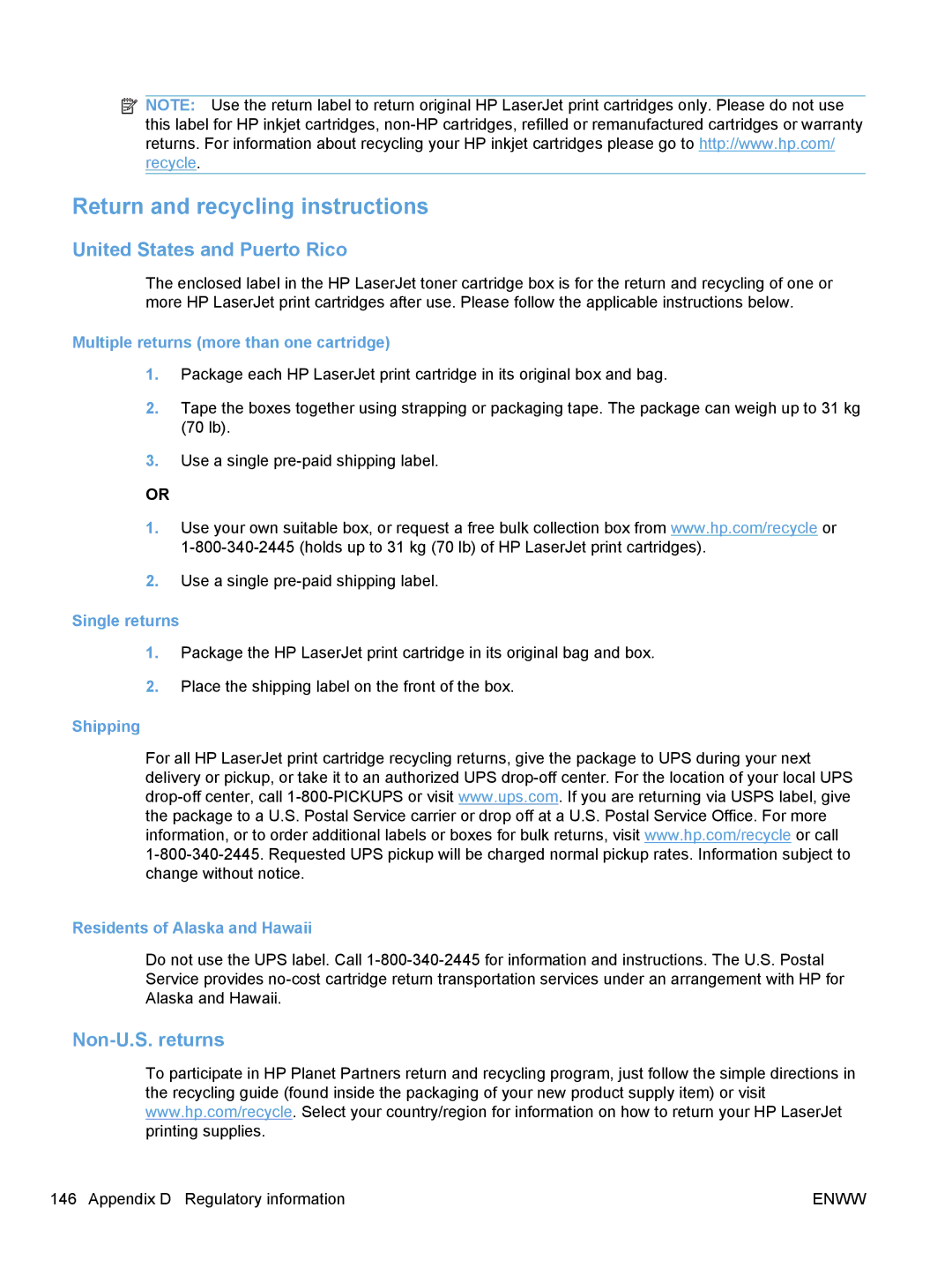 HP CP1020 manual Return and recycling instructions, United States and Puerto Rico, Non-U.S. returns 