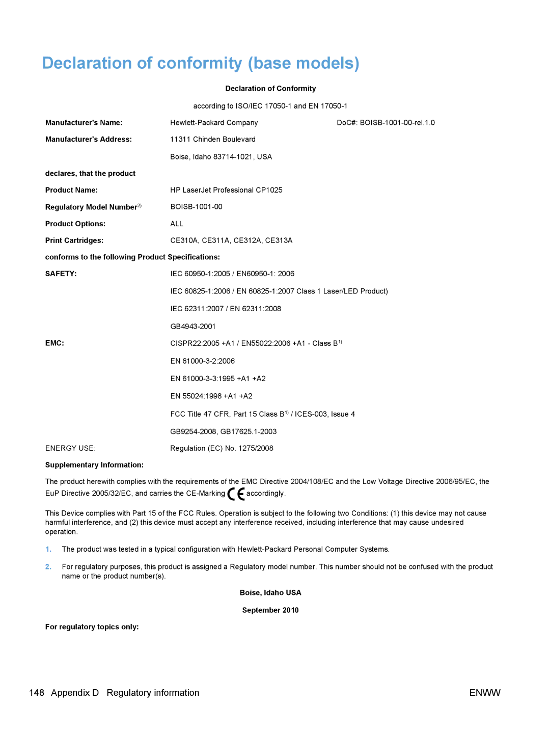 HP CP1020 manual Declaration of conformity base models 