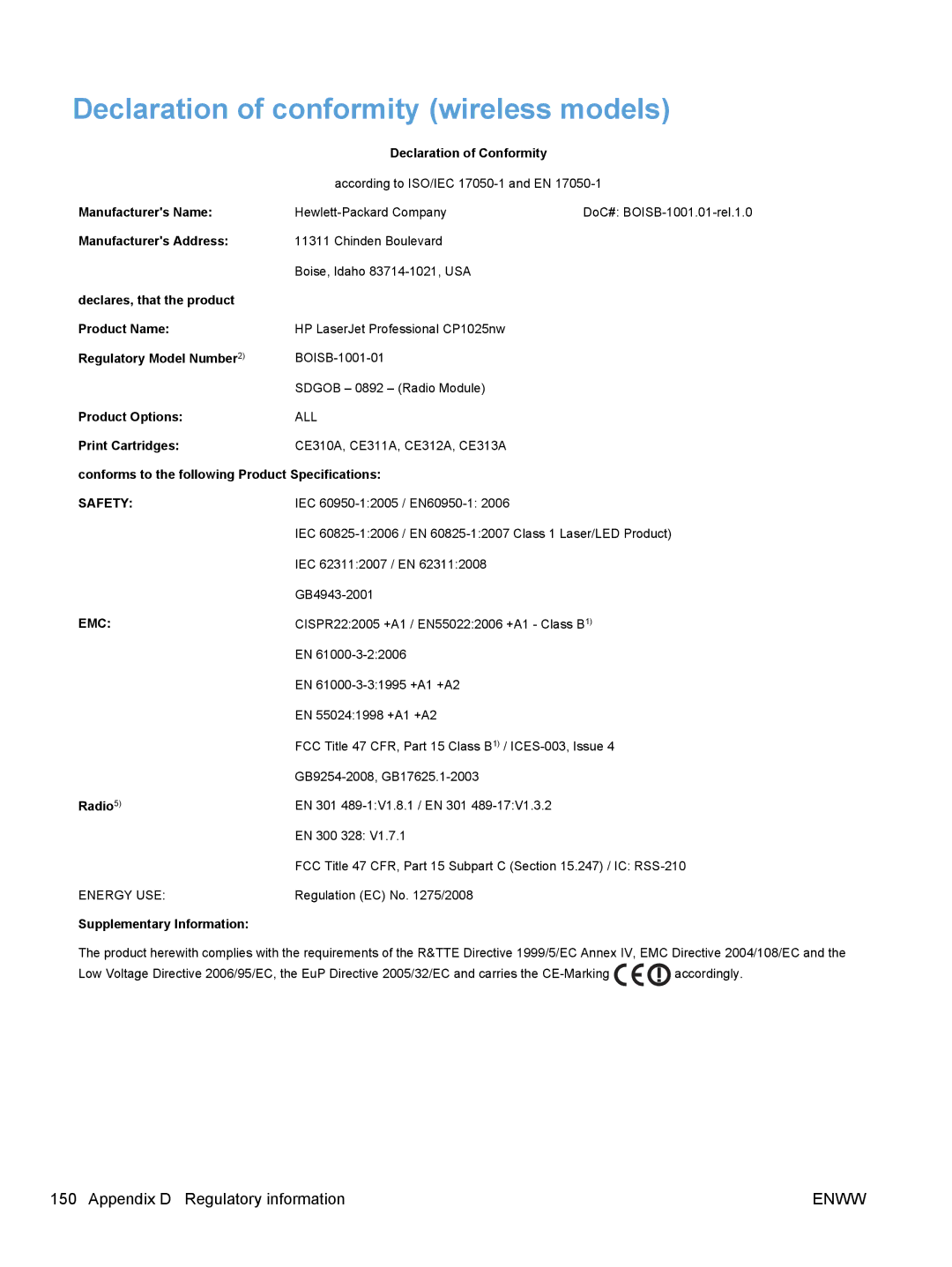 HP CP1020 manual Regulatory information 