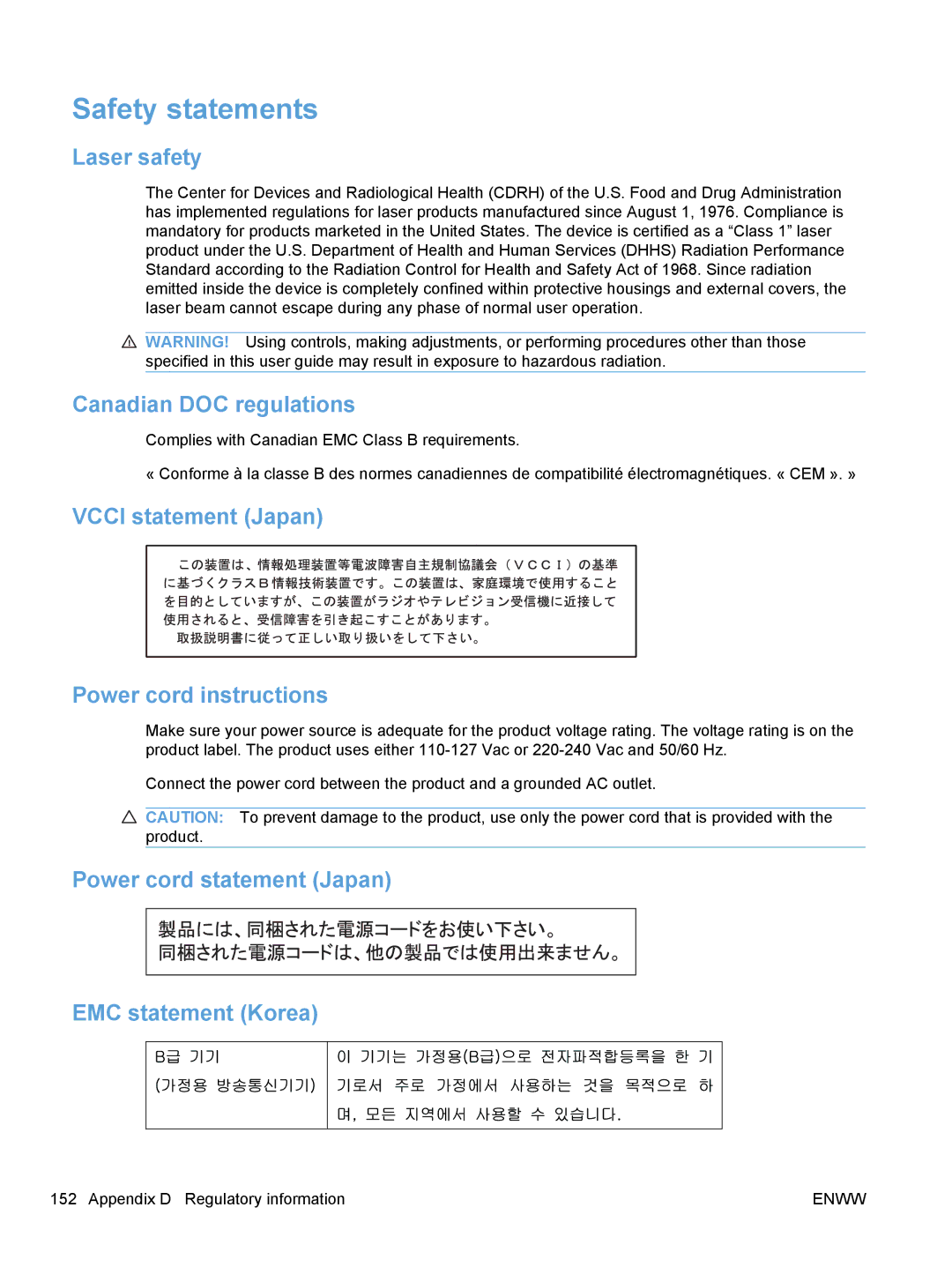 HP CP1020 manual Safety statements, Laser safety, Canadian DOC regulations, Vcci statement Japan Power cord instructions 