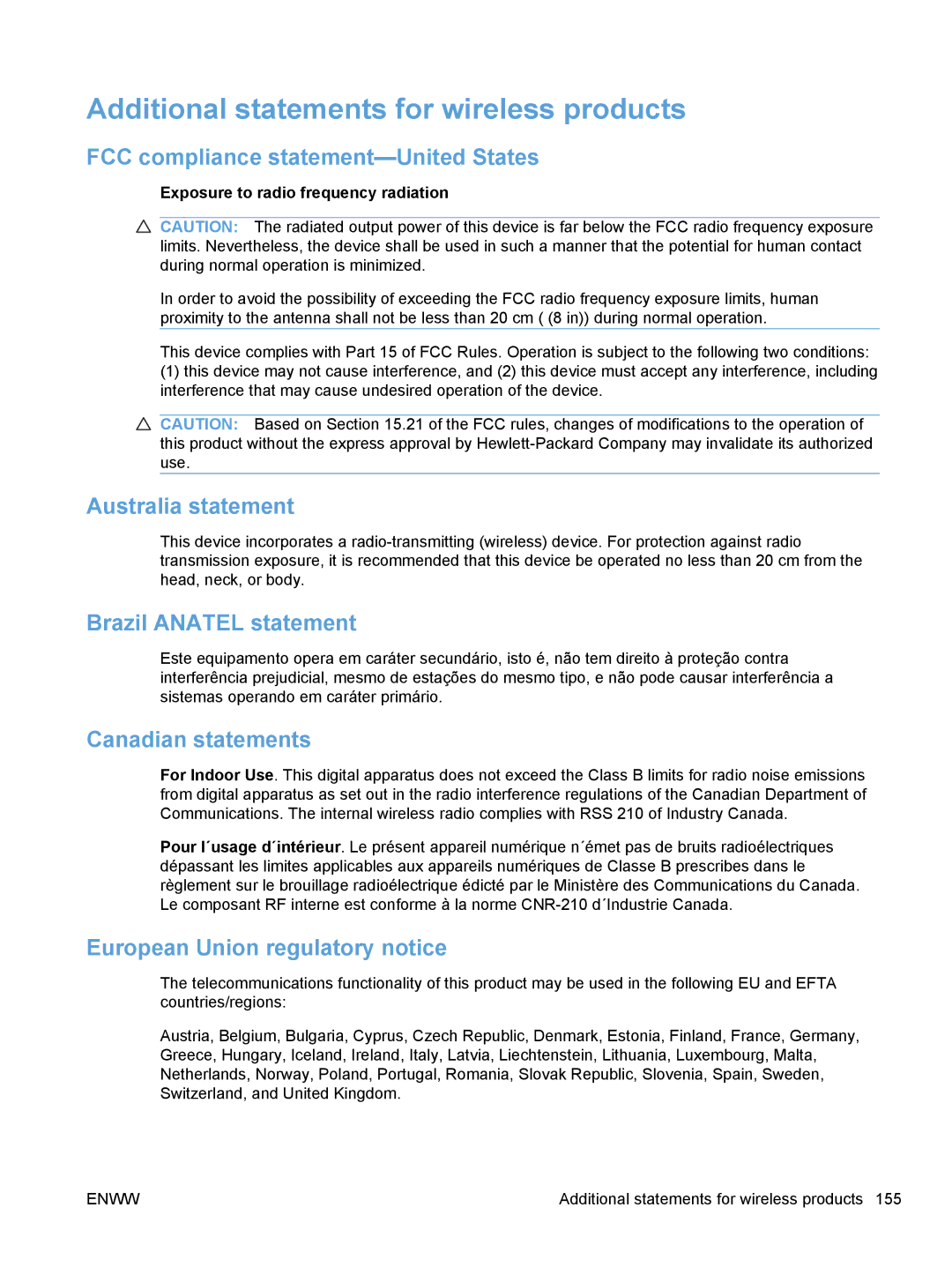 HP CP1020 manual Additional statements for wireless products 