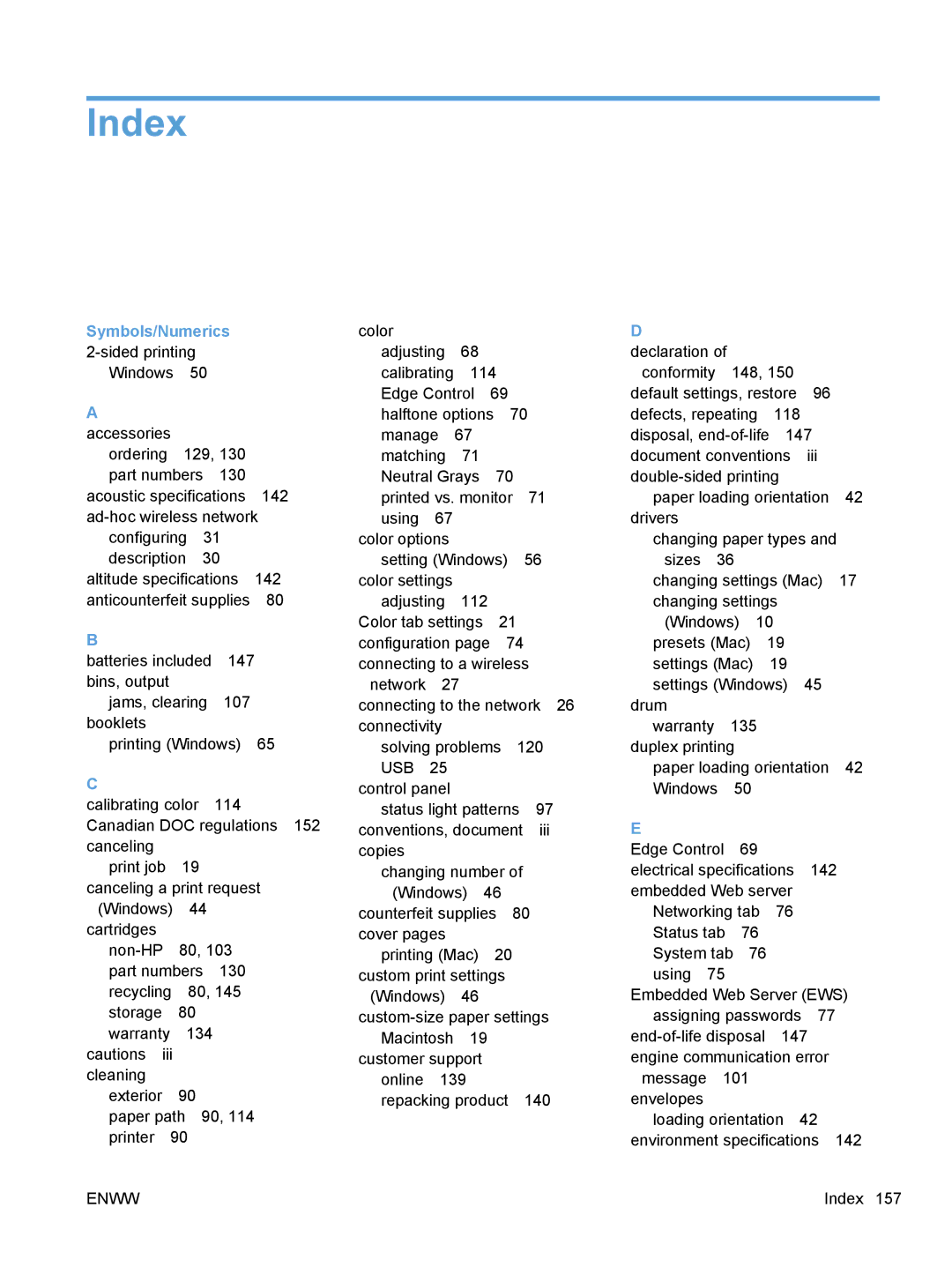 HP CP1020 manual Index, Symbols/Numerics 2-sided printing, Accessories 