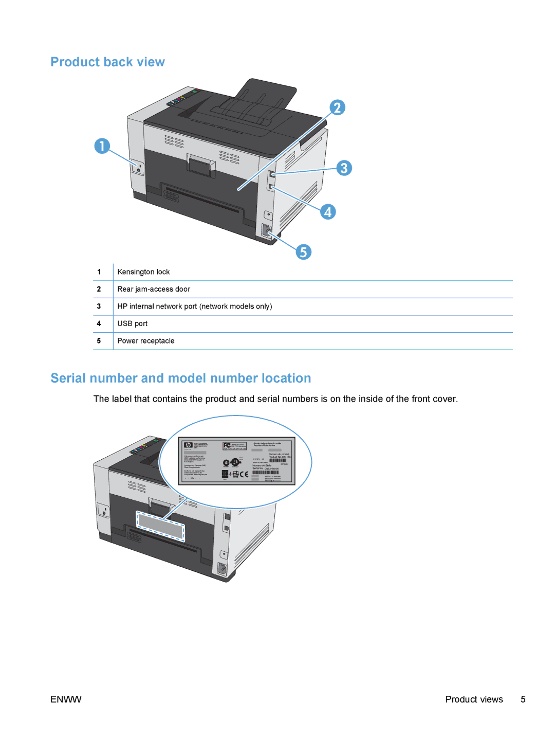 HP CP1020 manual Product back view, Serial number and model number location 