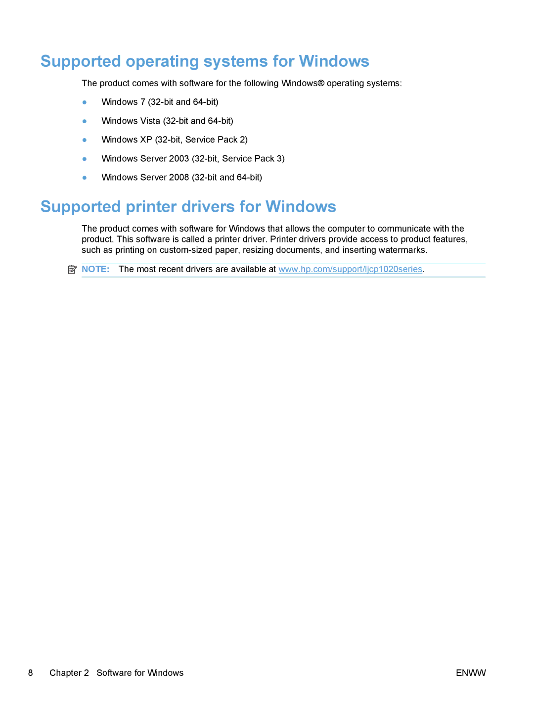 HP CP1020 manual Supported operating systems for Windows, Supported printer drivers for Windows 